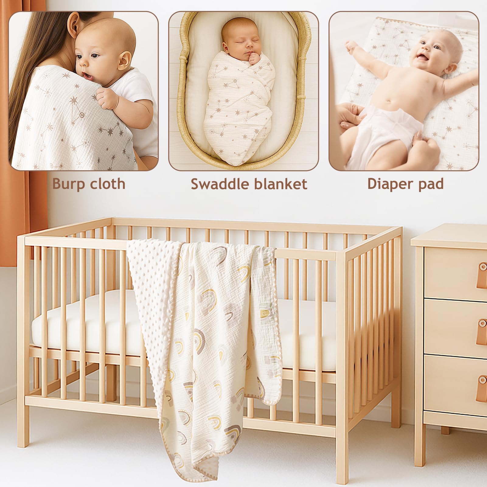 ROCCED constellation rainbow print offers calming visuals for baby moments.