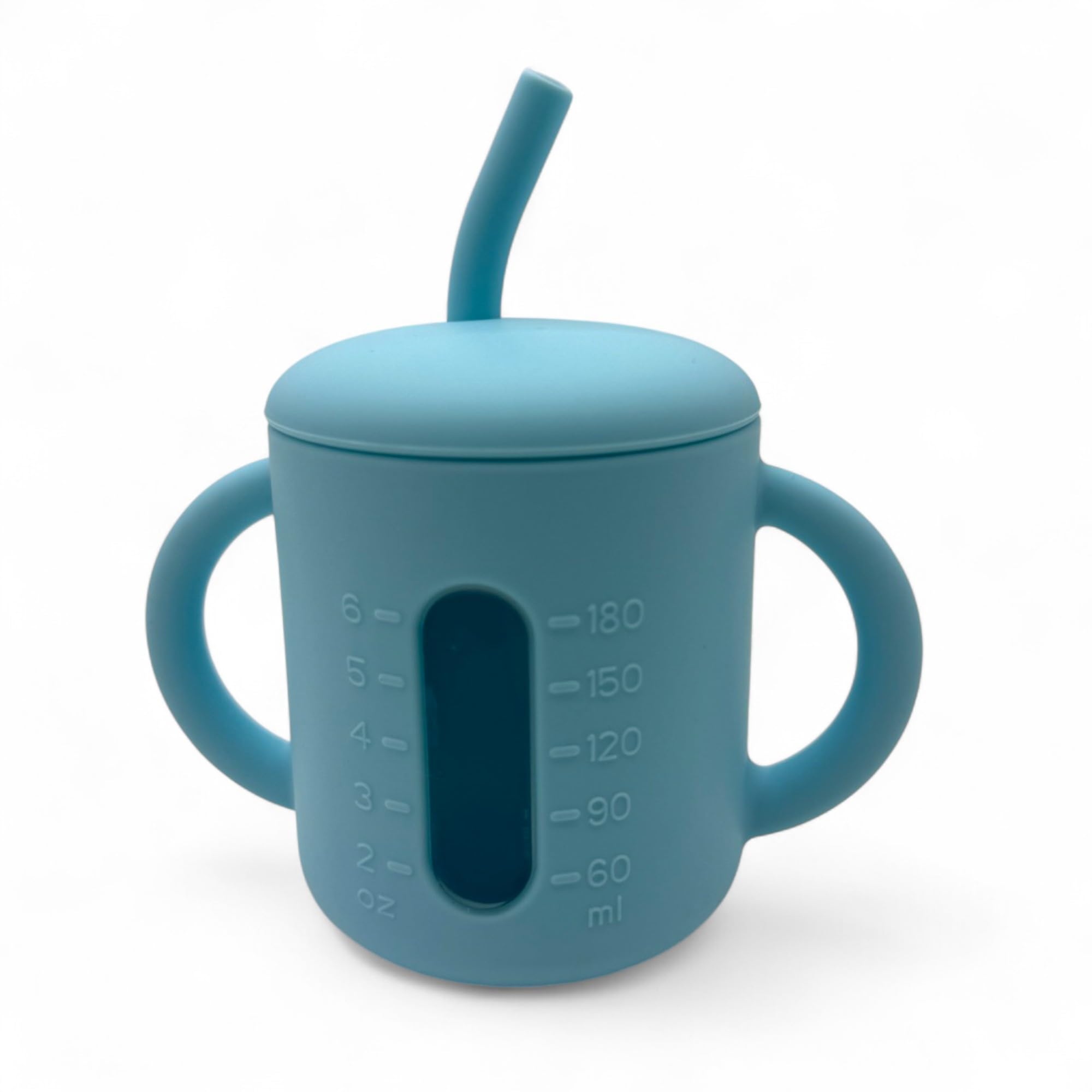 Rocket Mom silicone straw cup with dual-function design for mess-free drinks and snacks.
