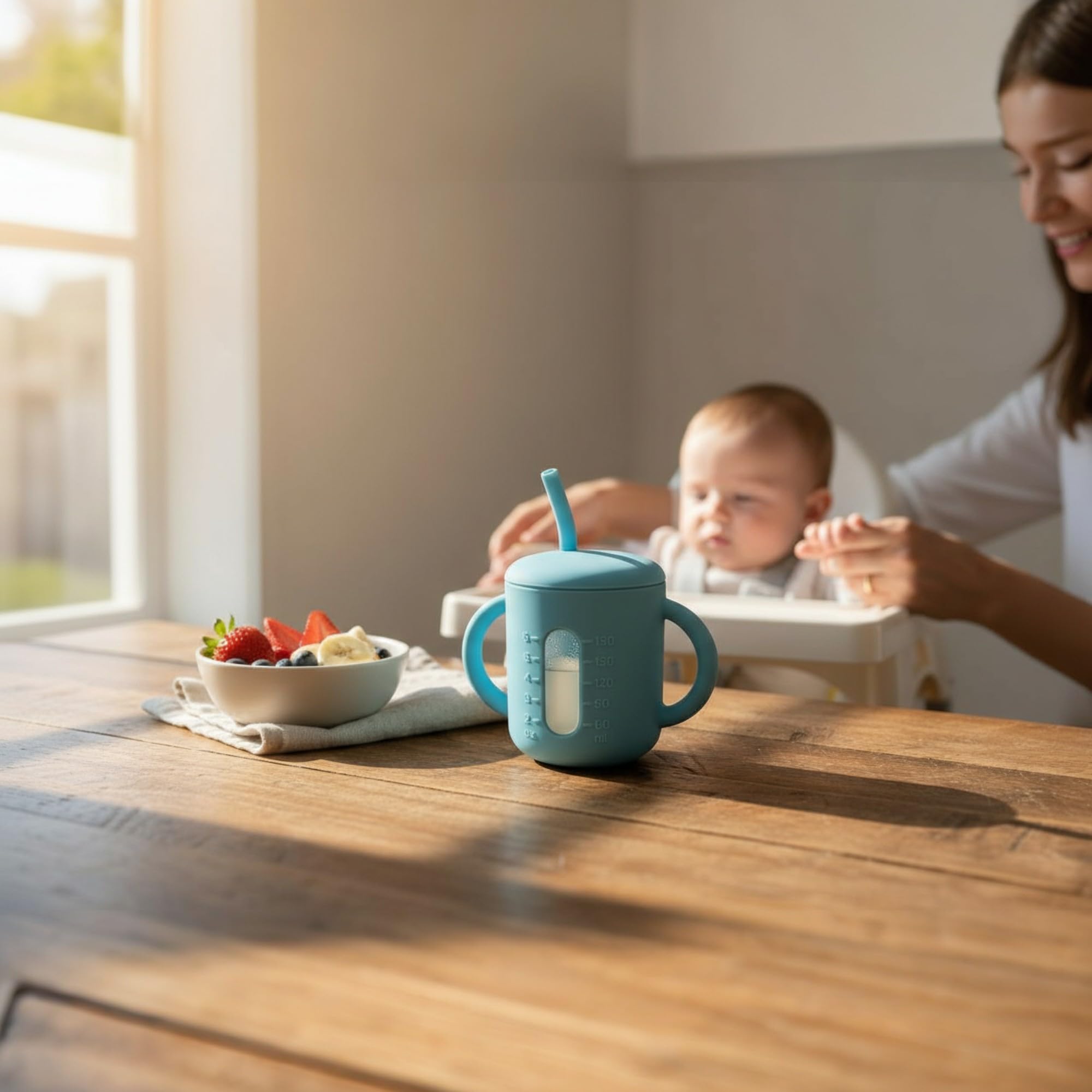 Rocket Mom spill-proof lid minimizes messes at home or on the go.
