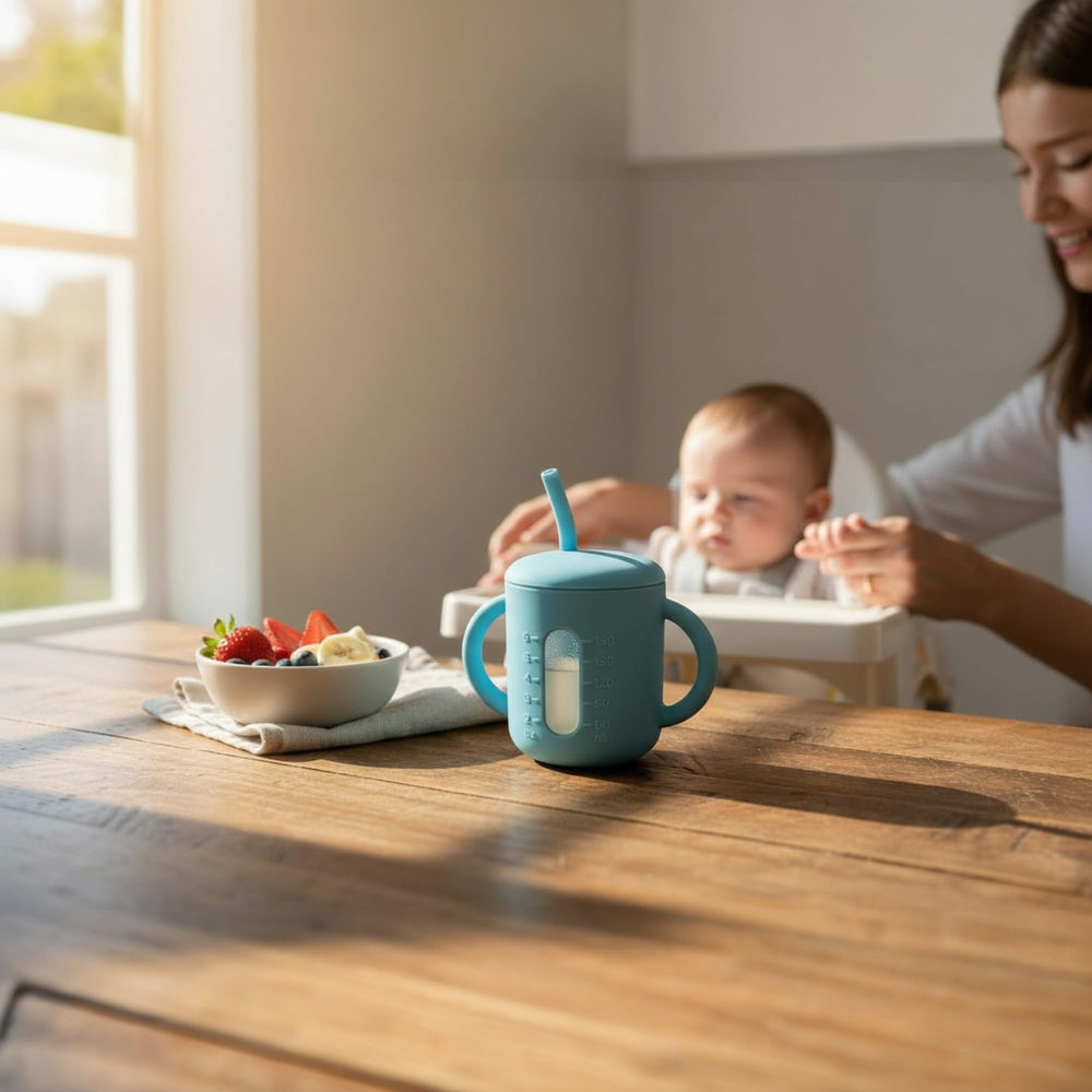 Rocket Mom spill-proof lid minimizes messes at home or on the go.