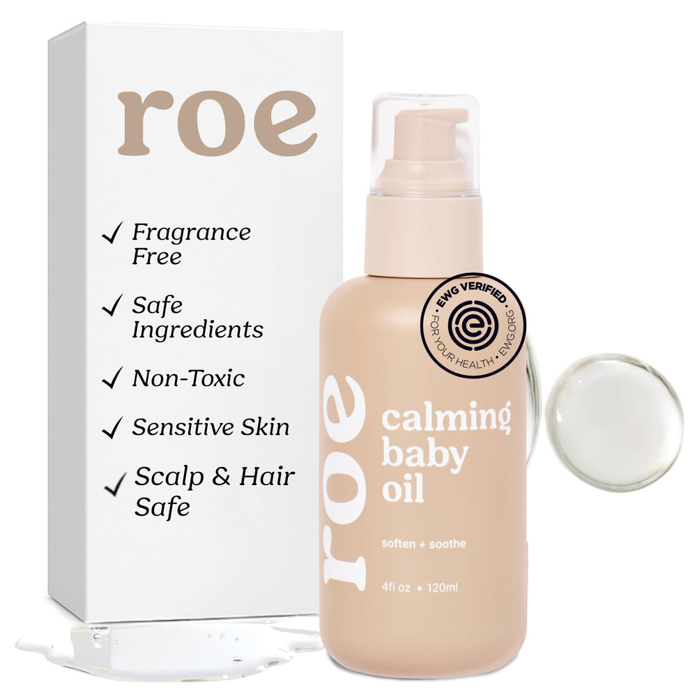 Roe Wellness Baby Oil unscented bottle pour for fast-absorbing hydration on baby skin.