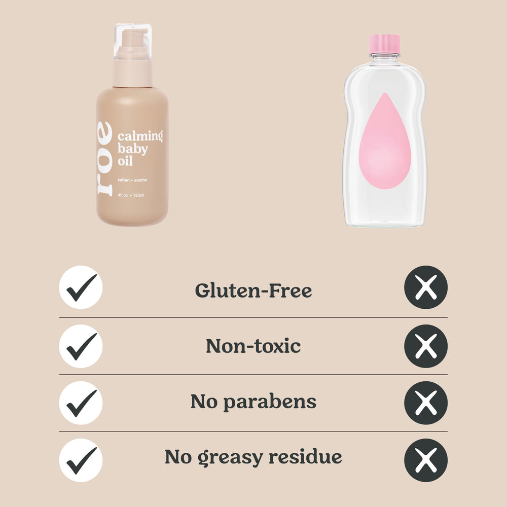 Roe Wellness Baby Oil unscented full-body-use shows versatile care from head to toe.