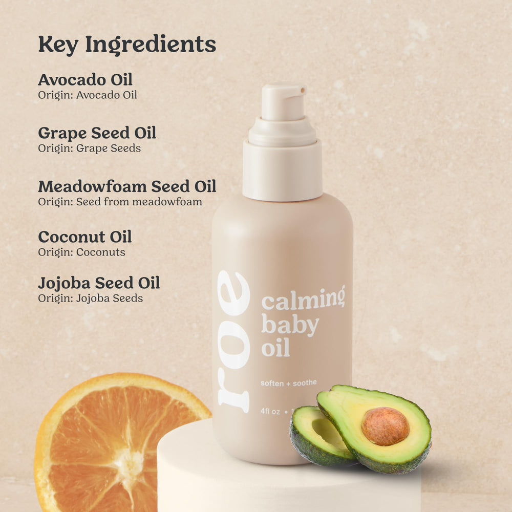 Roe Wellness Baby Oil unscented hair-tips demonstrates gentle scalp care for newborns.