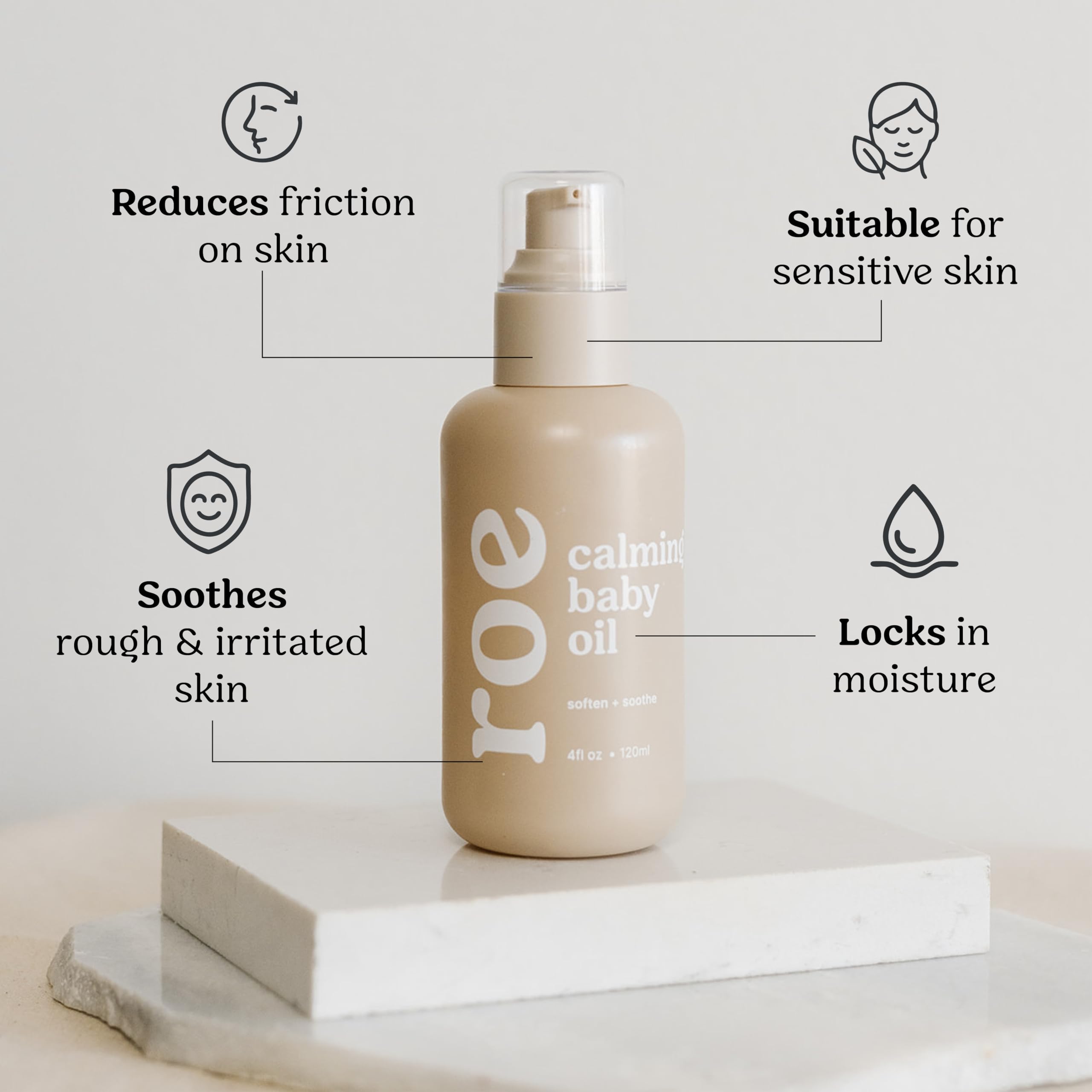 Roe Wellness Baby Oil unscented natural-packaging highlights eco-friendly, fragrance-free care.