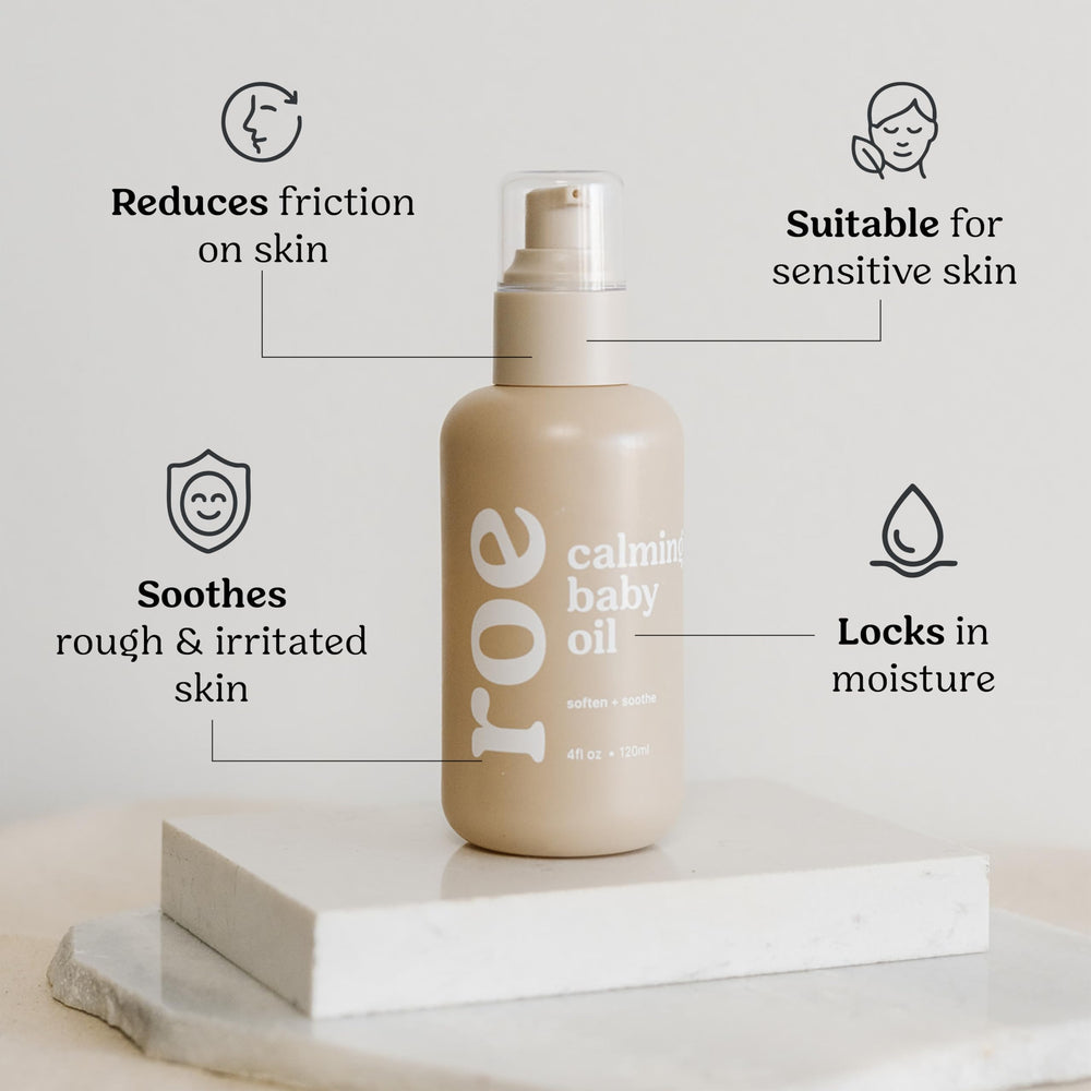 Roe Wellness Baby Oil unscented natural-packaging highlights eco-friendly, fragrance-free care.