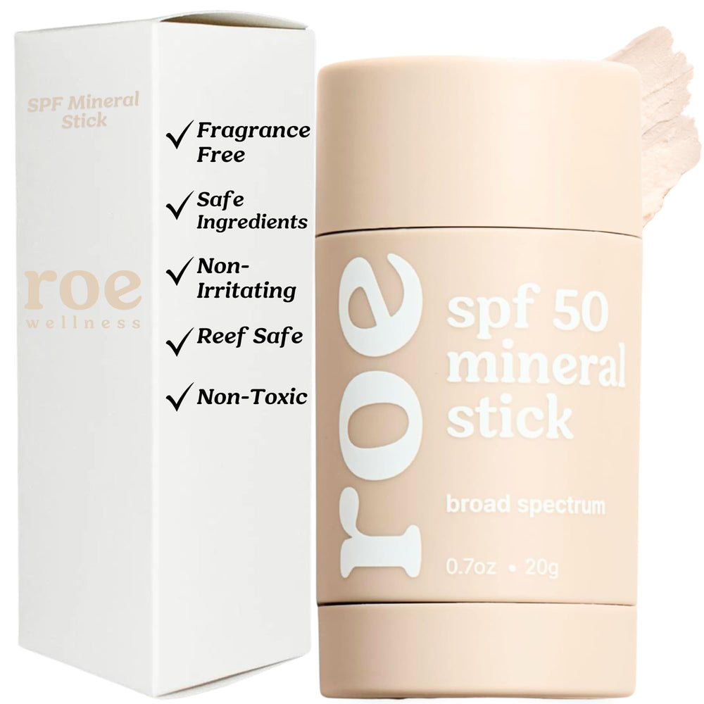 Roe Wellness baby sunscreen stick packaging on countertop, showcasing clean ingredients and SPF 50.