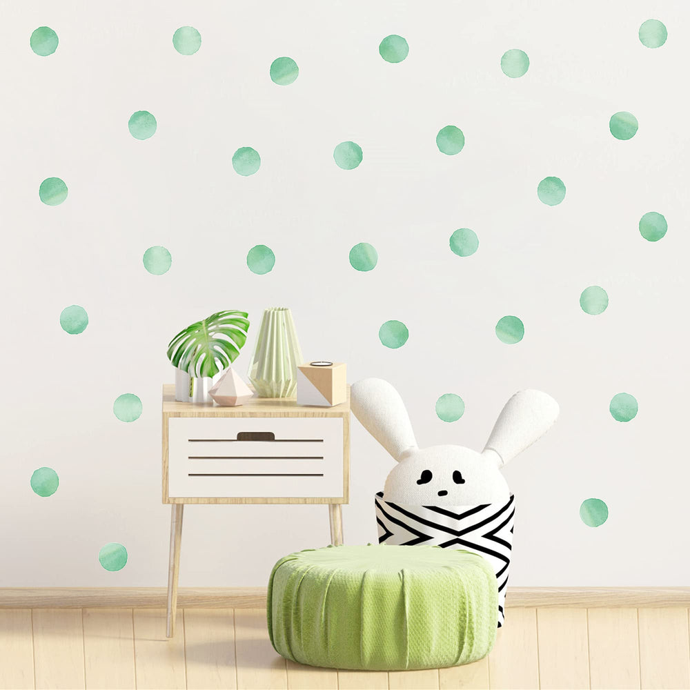 ROFARSO mint green polka dot wall decals on wall, 120-piece set for vibrant nursery decor.