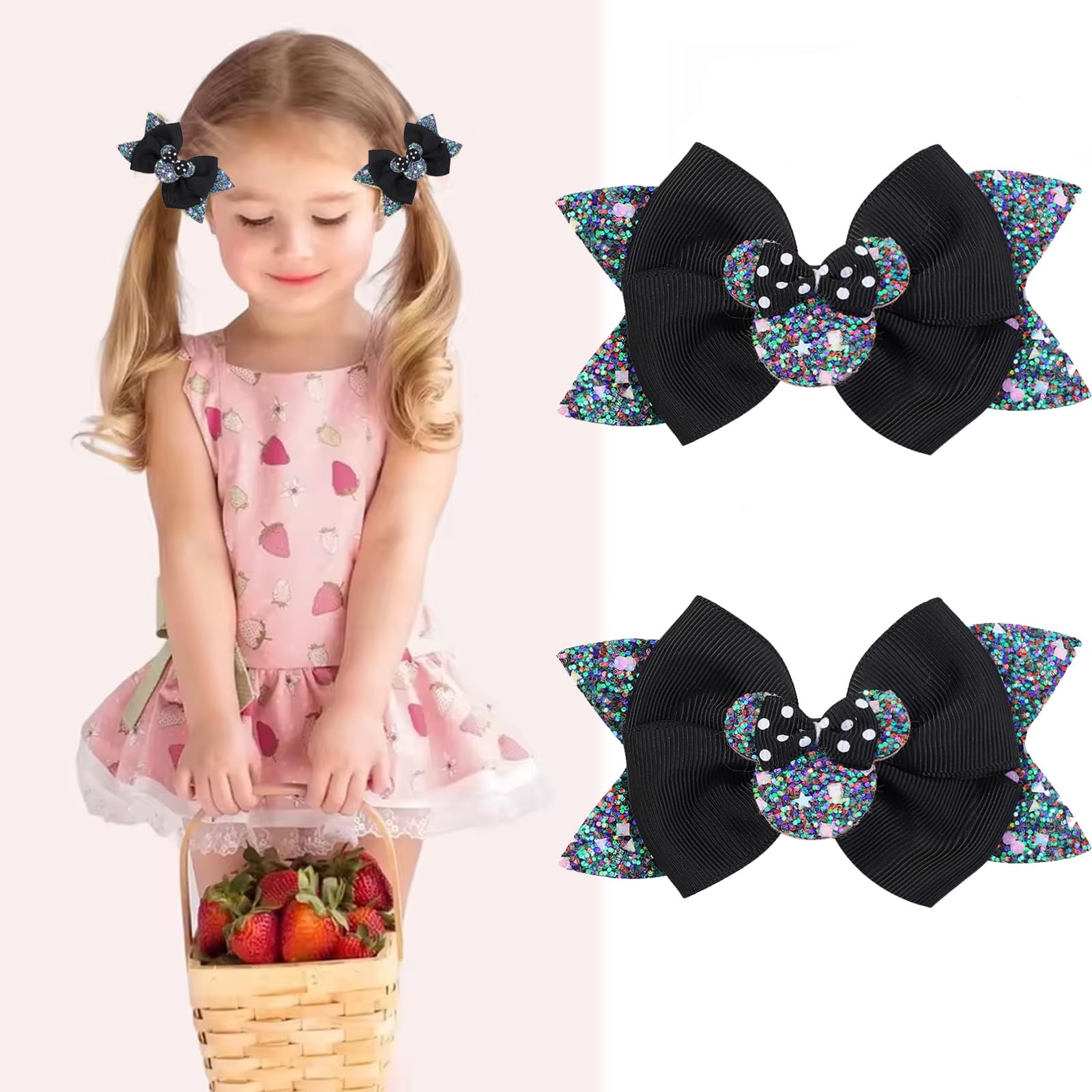 Roffiy Sparkling Mouse Ears Bow Clip, black, secure all-day wear for girls