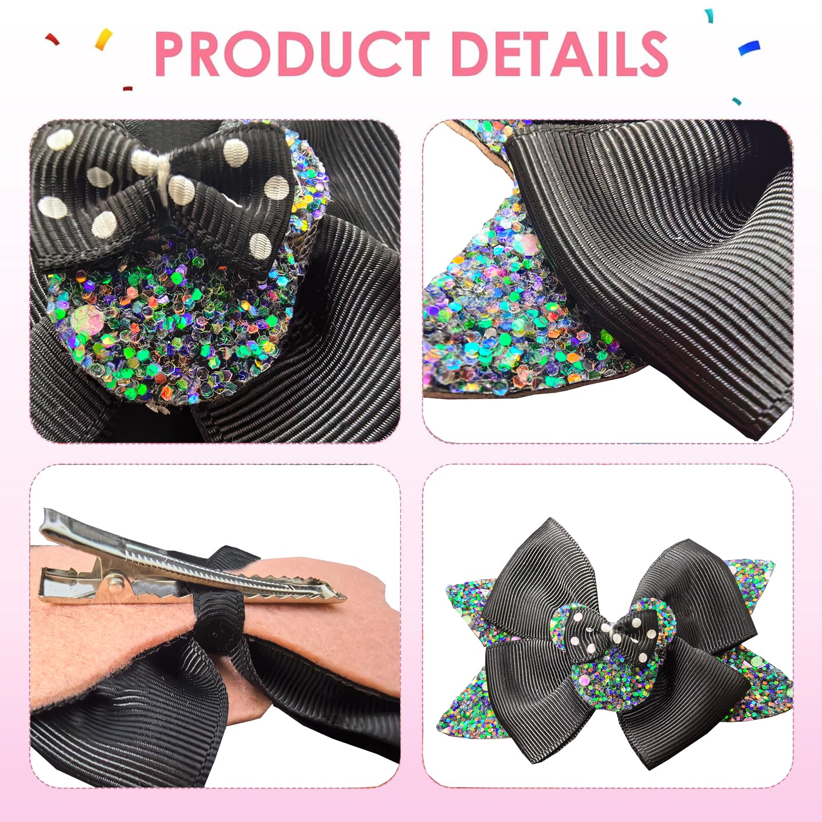 Roffiy sparkle bow clip on black, durable grip for hairstyles