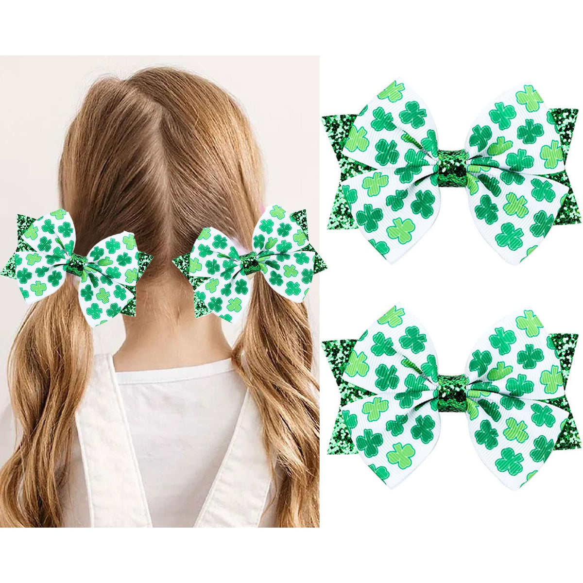 Roffiy shamrock bow clip close-up highlights glittery finish and secure grip.