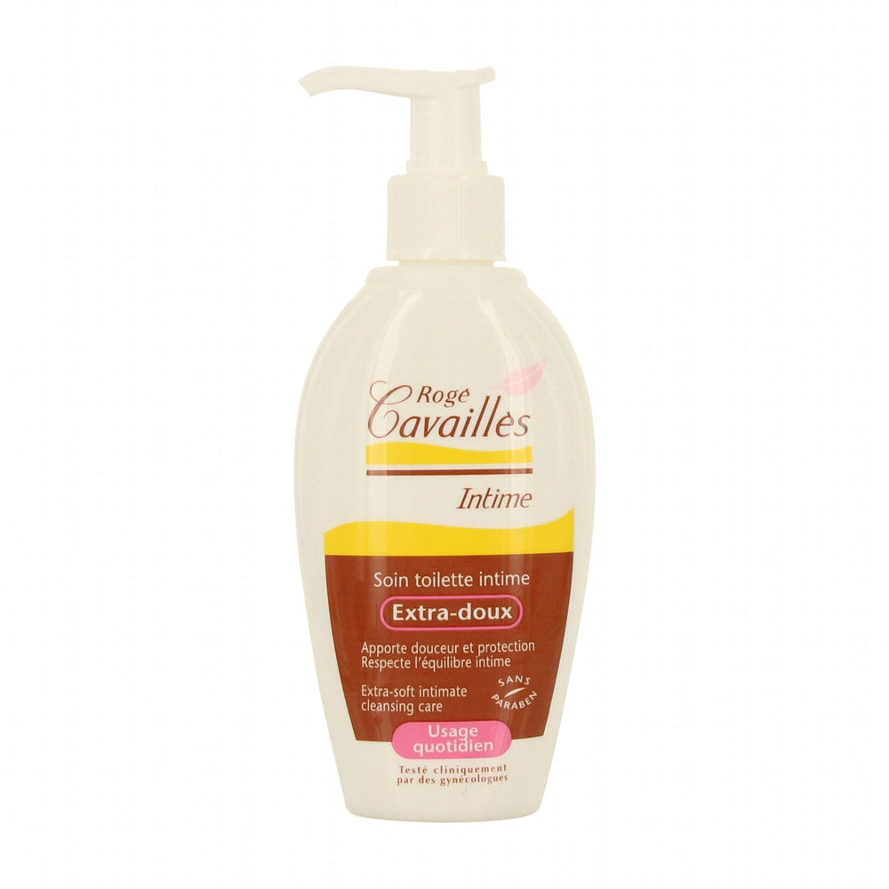 Roge Cavaillès Extra-Mild bottle on a bathroom shelf, providing gentle daily freshness.