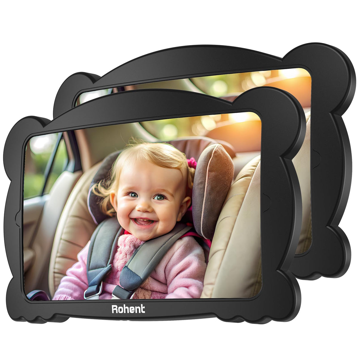 Rohent adjustable 360° baby car mirror offers a wide dual view for keeping two rear-facing infants in sight.
