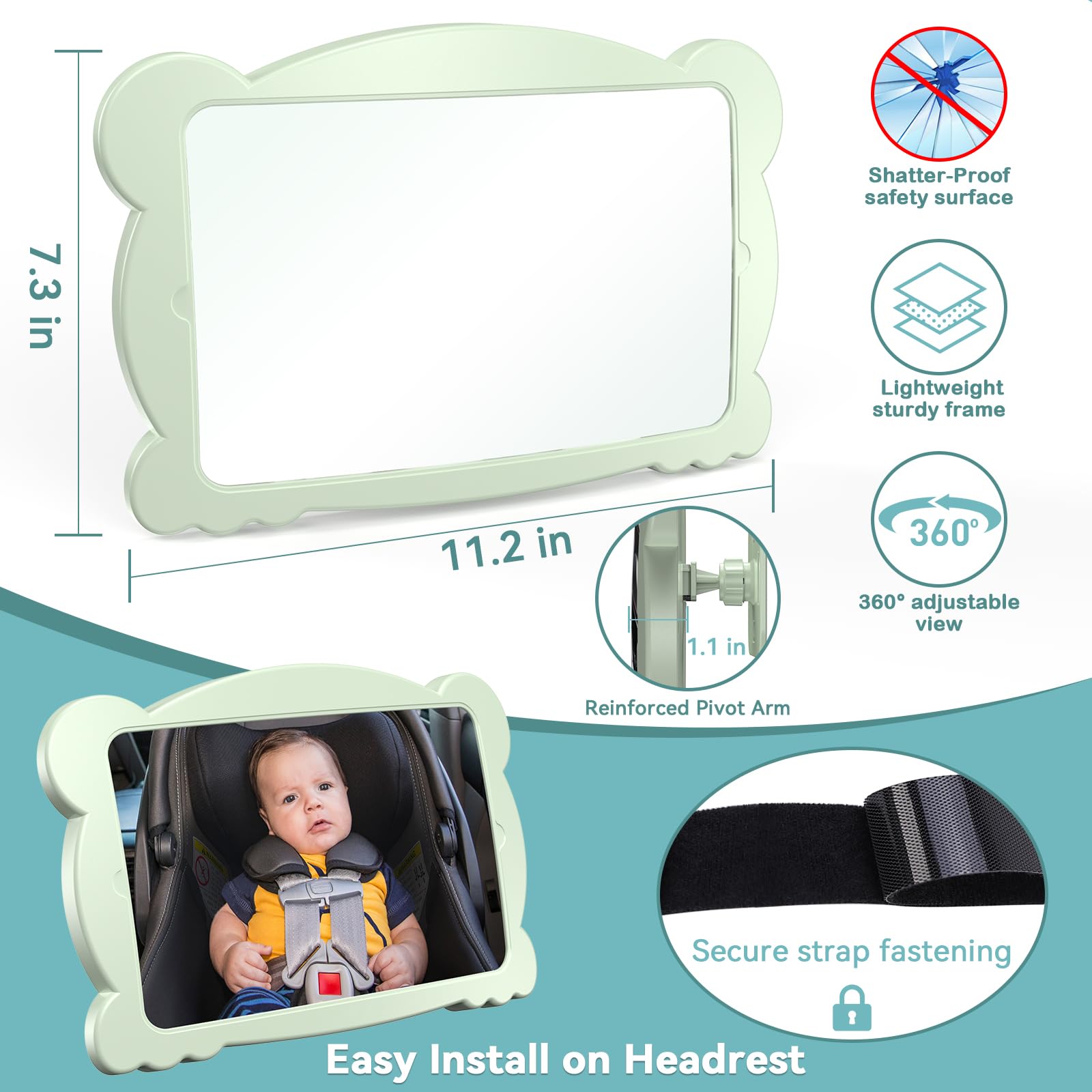 Rohent baby mirror headrest attachment shows tool-free, quick install for most cars