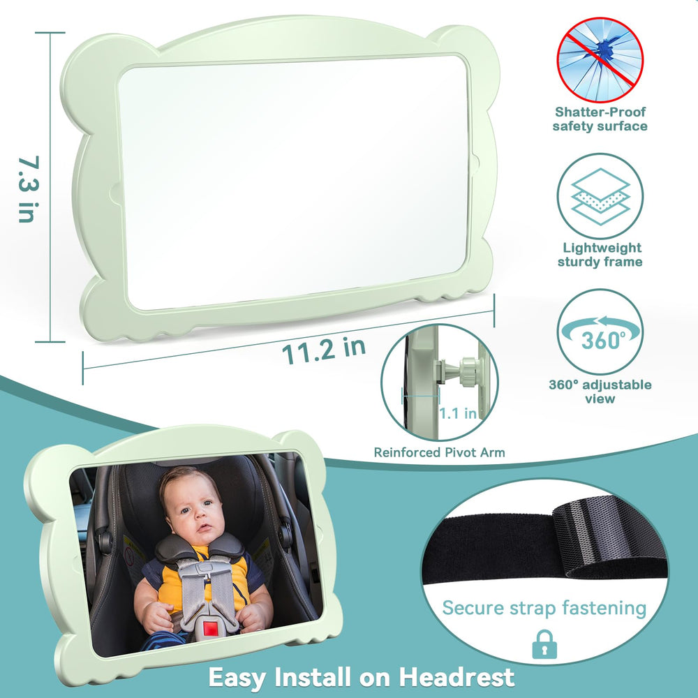 Rohent baby mirror headrest attachment shows tool-free, quick install for most cars