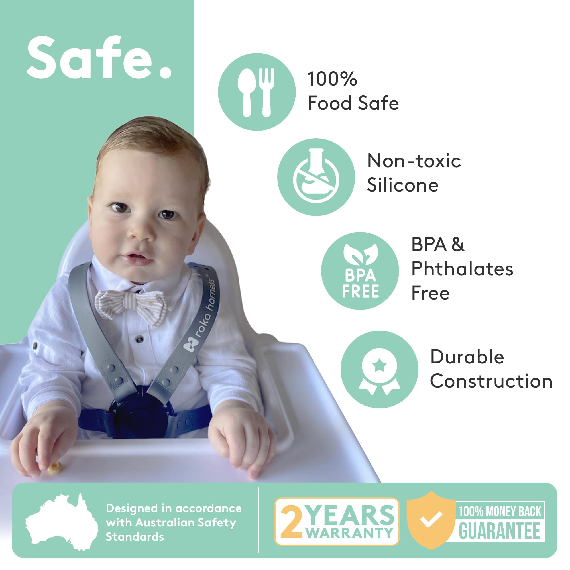 Roka Harness wipe-clean silicone keeps high chair tidy after meals.