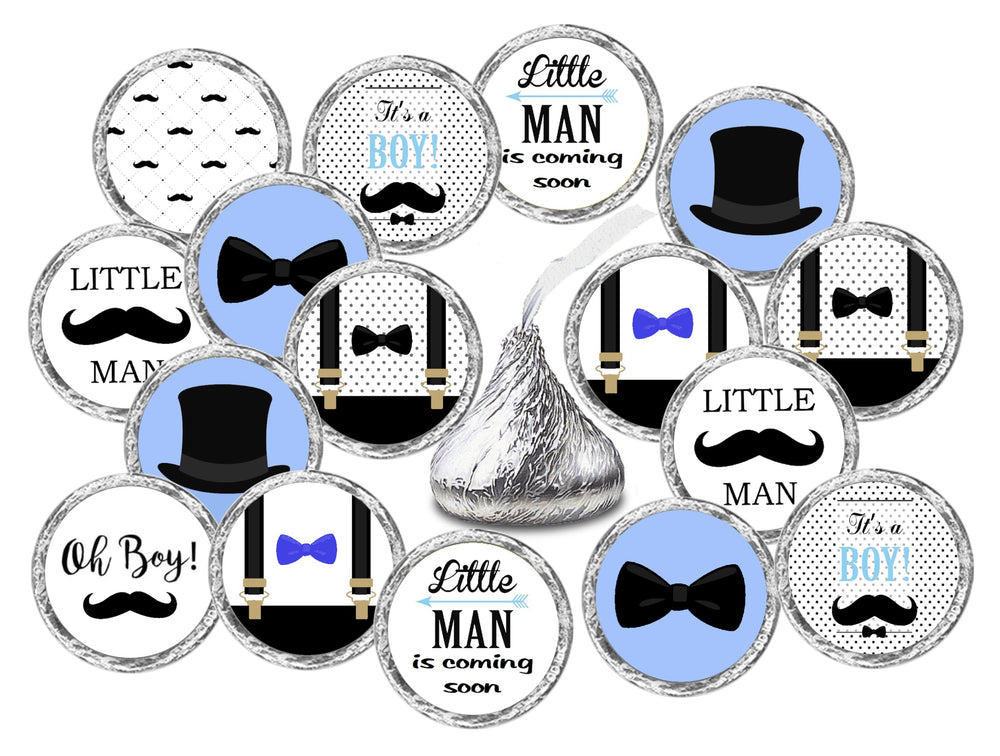 RokAPary 324 Little Man kisses labels in blue on party decor for baby shower favors