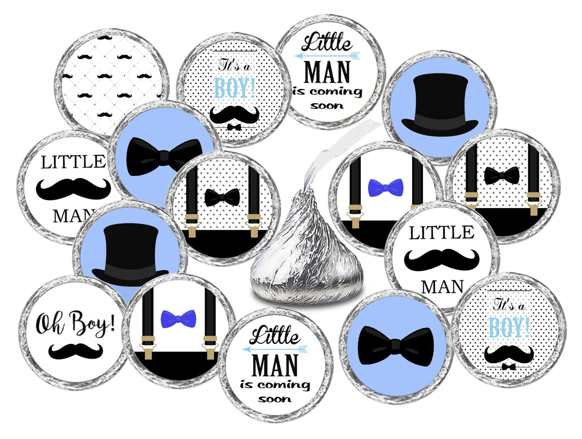RokAPary 324 Little Man kisses labels in blue on party decor for baby shower favors