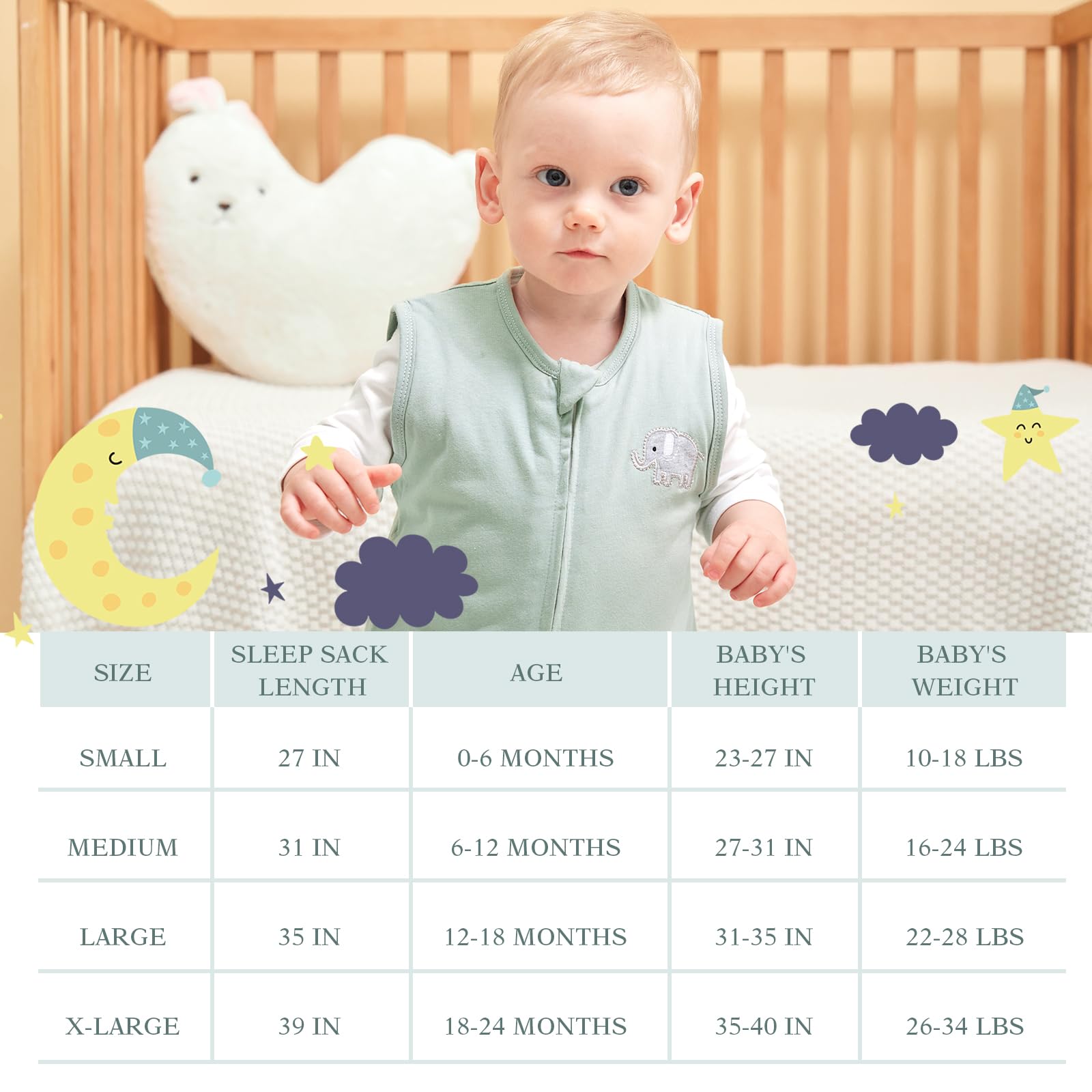 Roksuma four-size sleep sack grows with your baby.