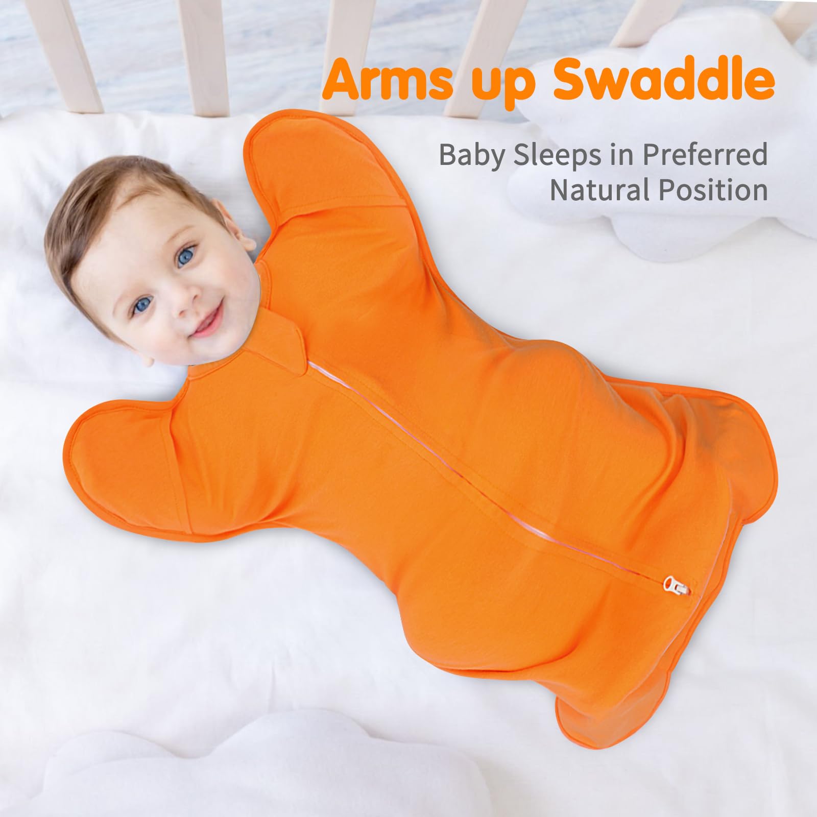 Roksuma sleep sack arms up pose demonstrates safe self-soothing and snug fit.