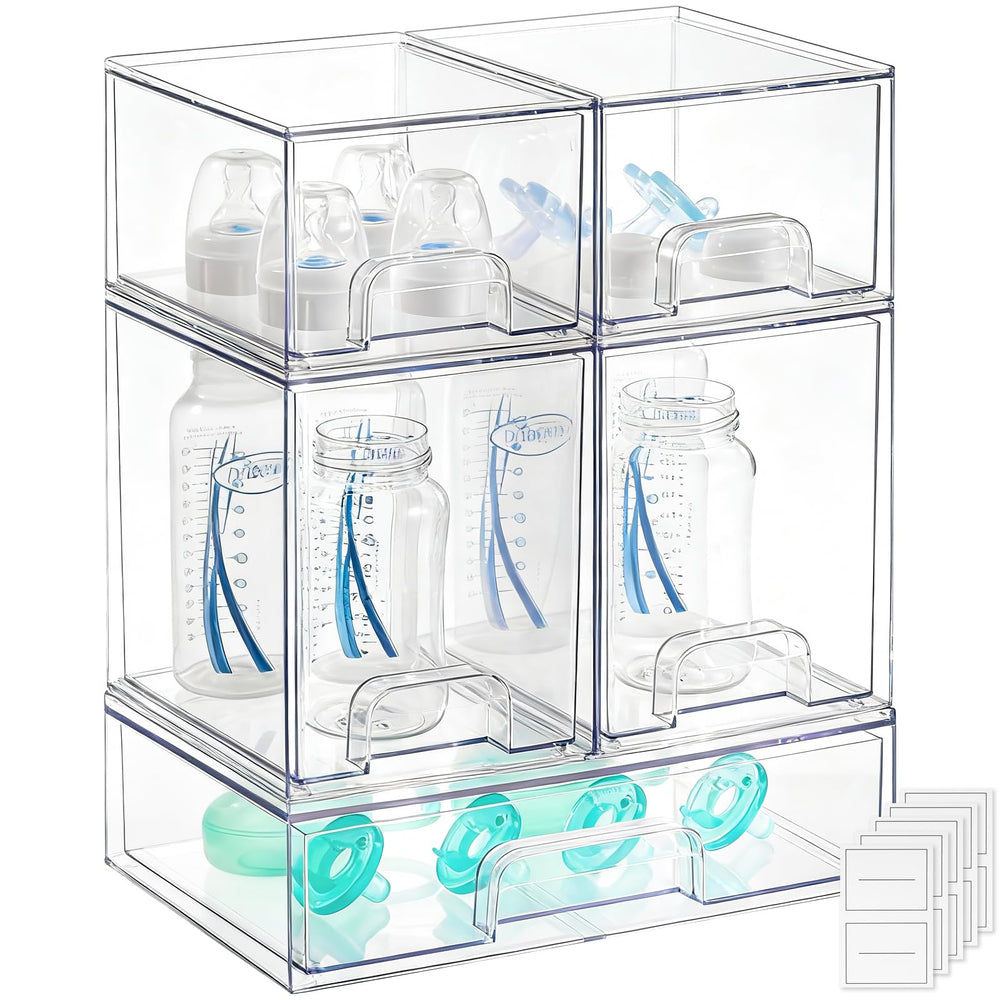 Rolheit baby bottle organizer with five clear drawers for easy bottle access.