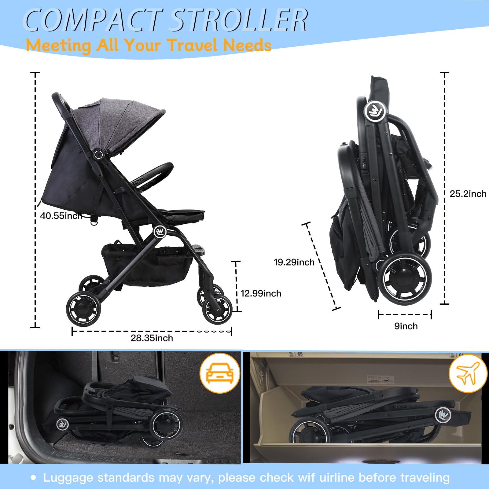 Rollingsurfer Lightweight Stroller open with near-flat recline for newborn comfort