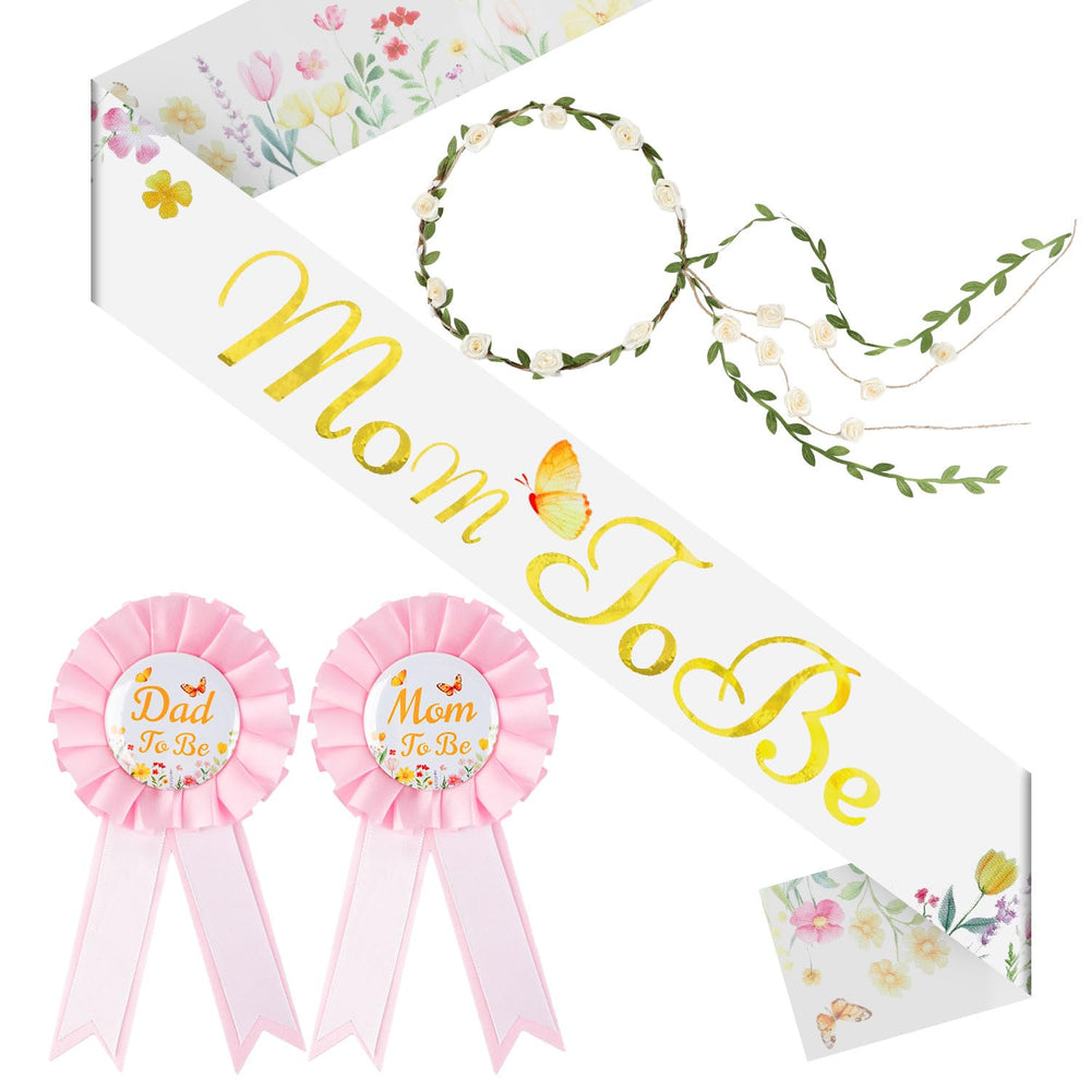 ROLYTA Wildflower mom-to-be sash in satin with gold embossing for elegant photo moments.