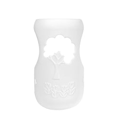 ROMIRUS silicone sleeve on a 5 oz glass baby bottle provides protective grip