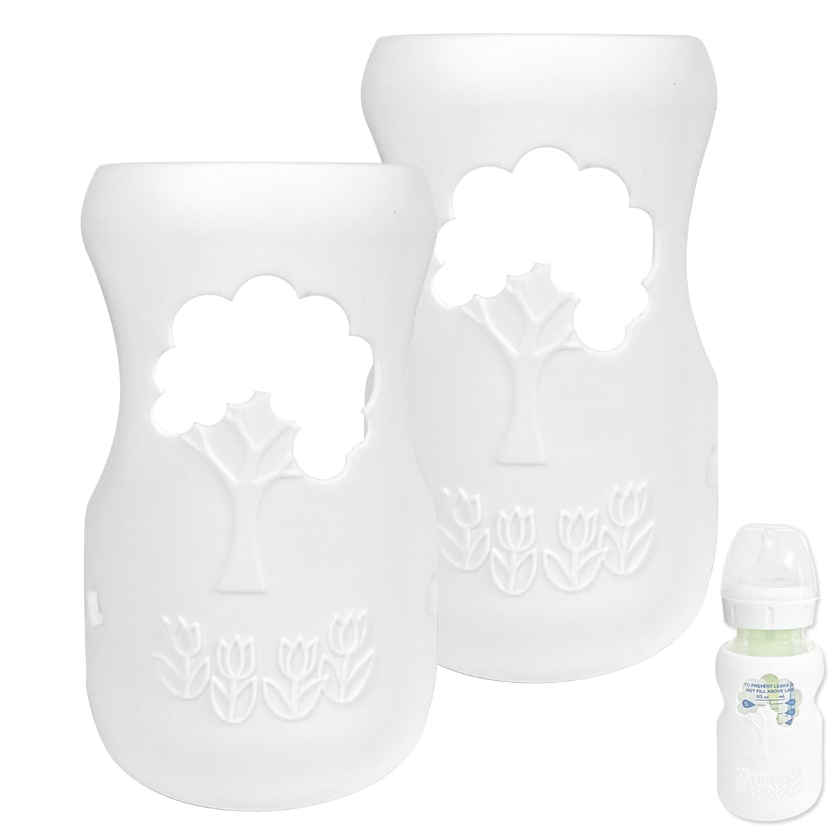 ROMIRUS silicone sleeve on a 9 oz glass baby bottle protects during cleaning and feeding