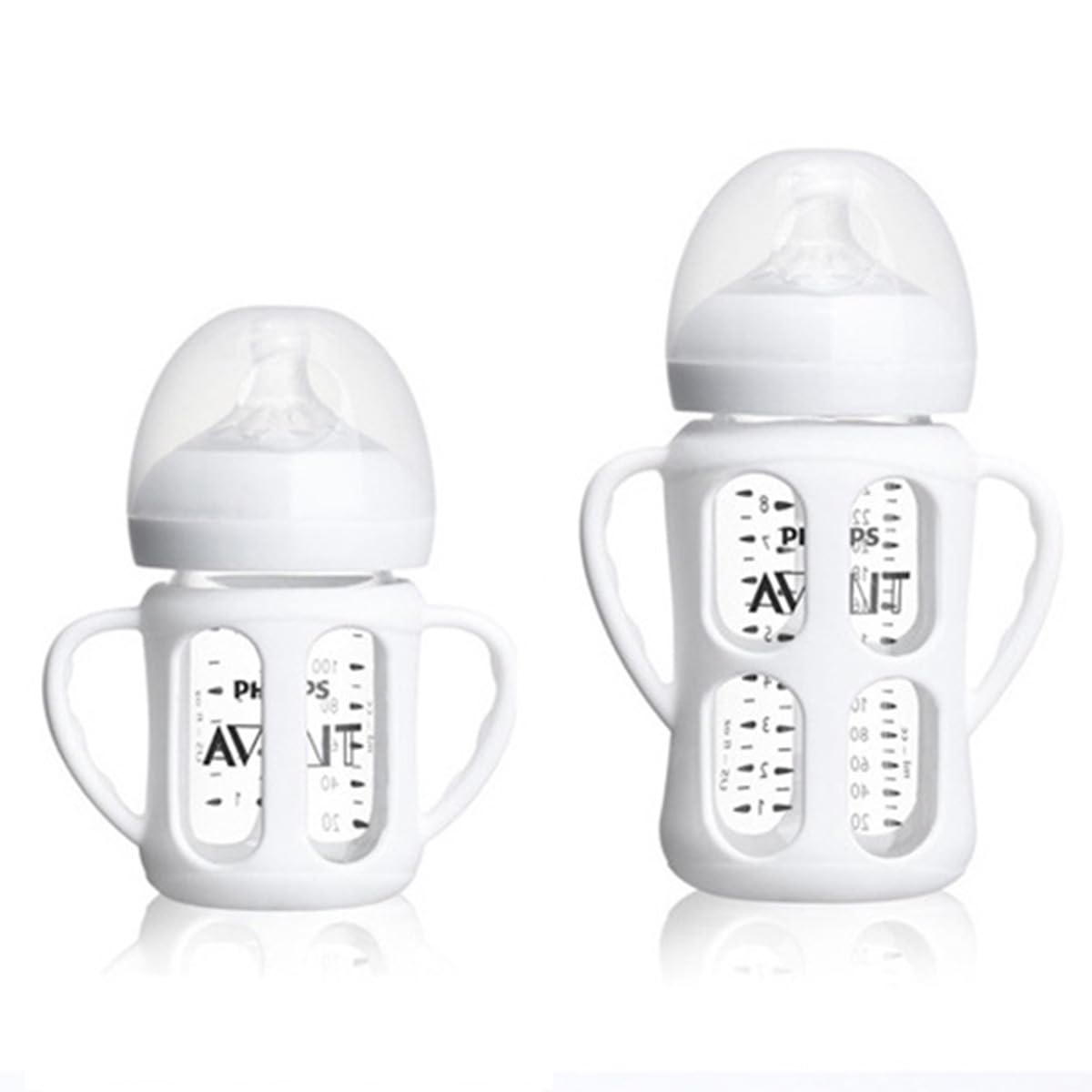 ROMIRUS silicone sleeve for Philips Avent 4oz bottle with handle improves grip during feeding.