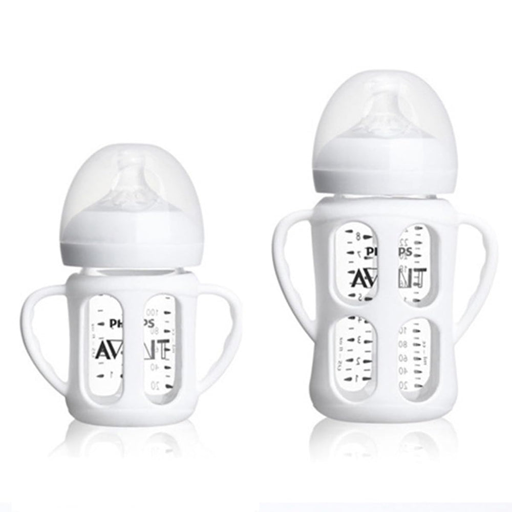 ROMIRUS silicone sleeve for Philips Avent 4oz bottle with handle improves grip during feeding.