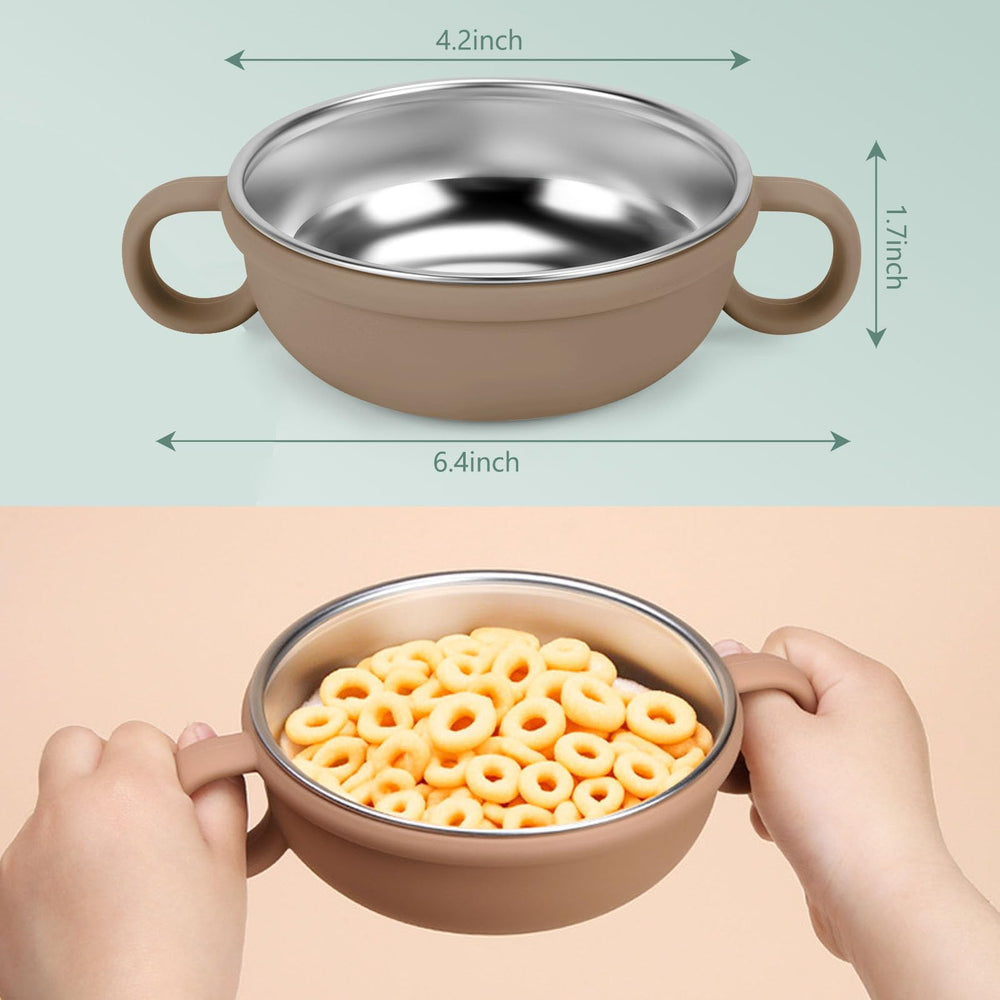 Rommeka baby bowl with silicone shell provides soft touch and quiet meals.
