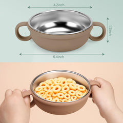Rommeka baby bowl with silicone shell provides soft touch and quiet meals.