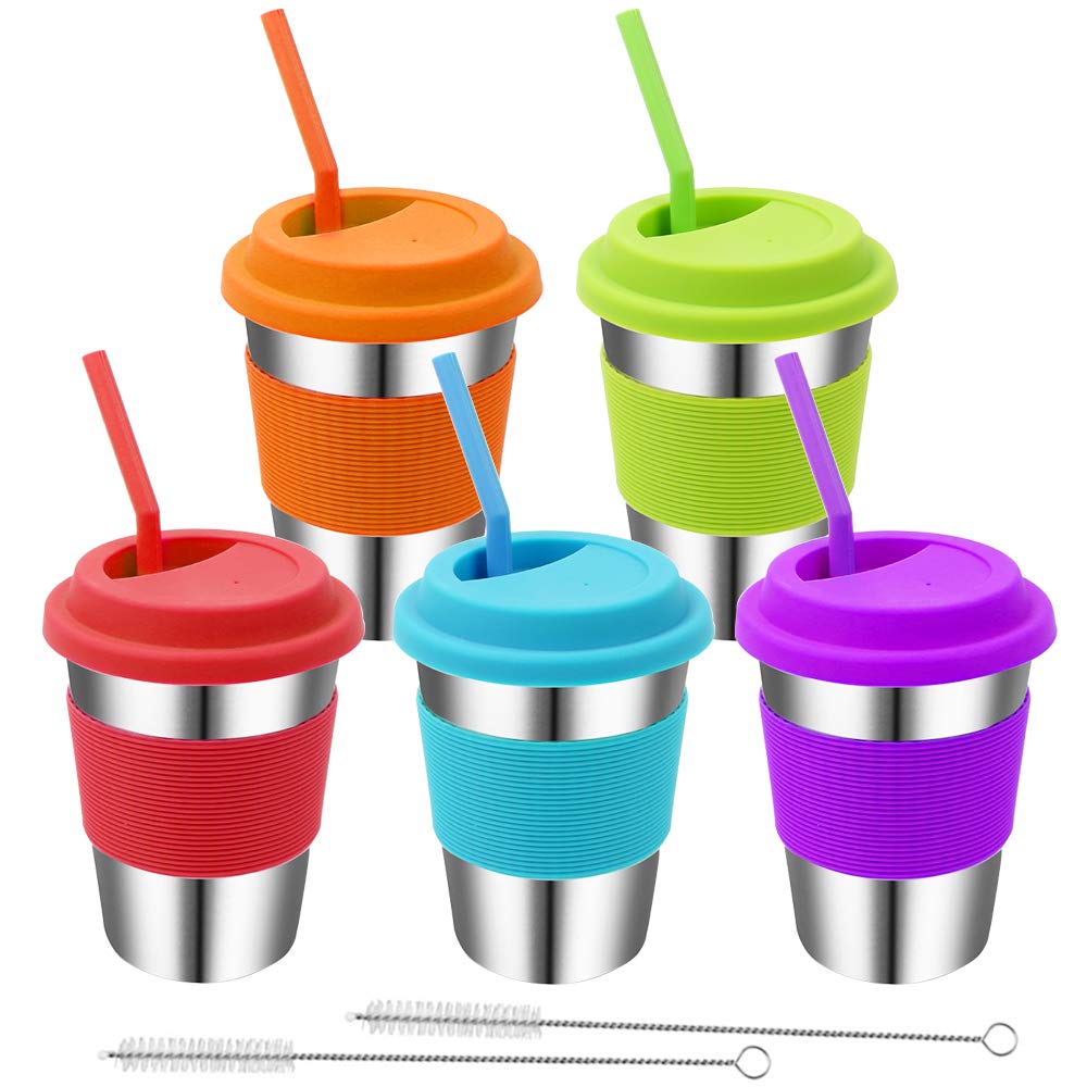 Rommeka stainless steel kids cup with colorful lid and sleeve for easy identification and reuse.