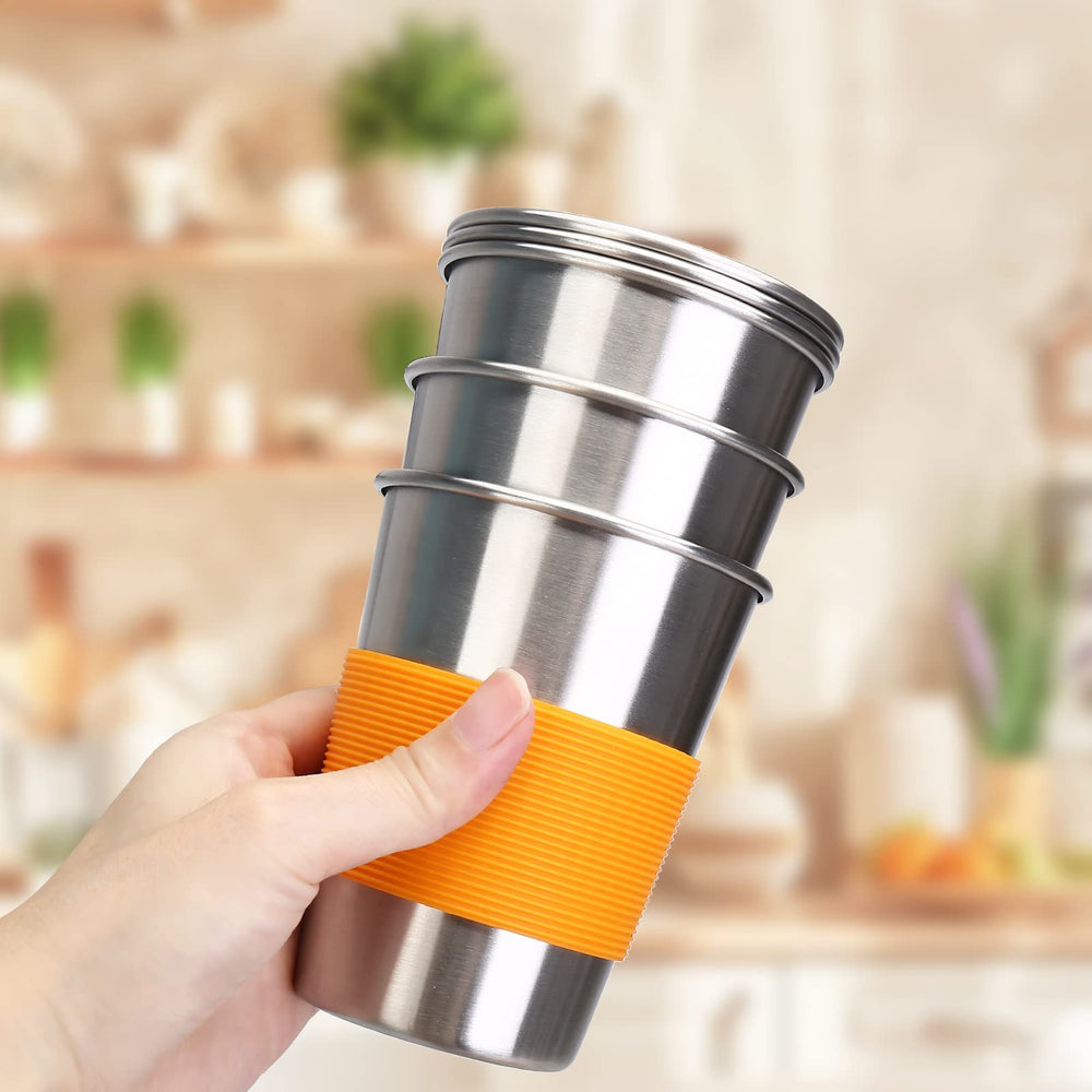 Rommeka color-coded cup set, each with its own lid and sleeve to prevent mix-ups.