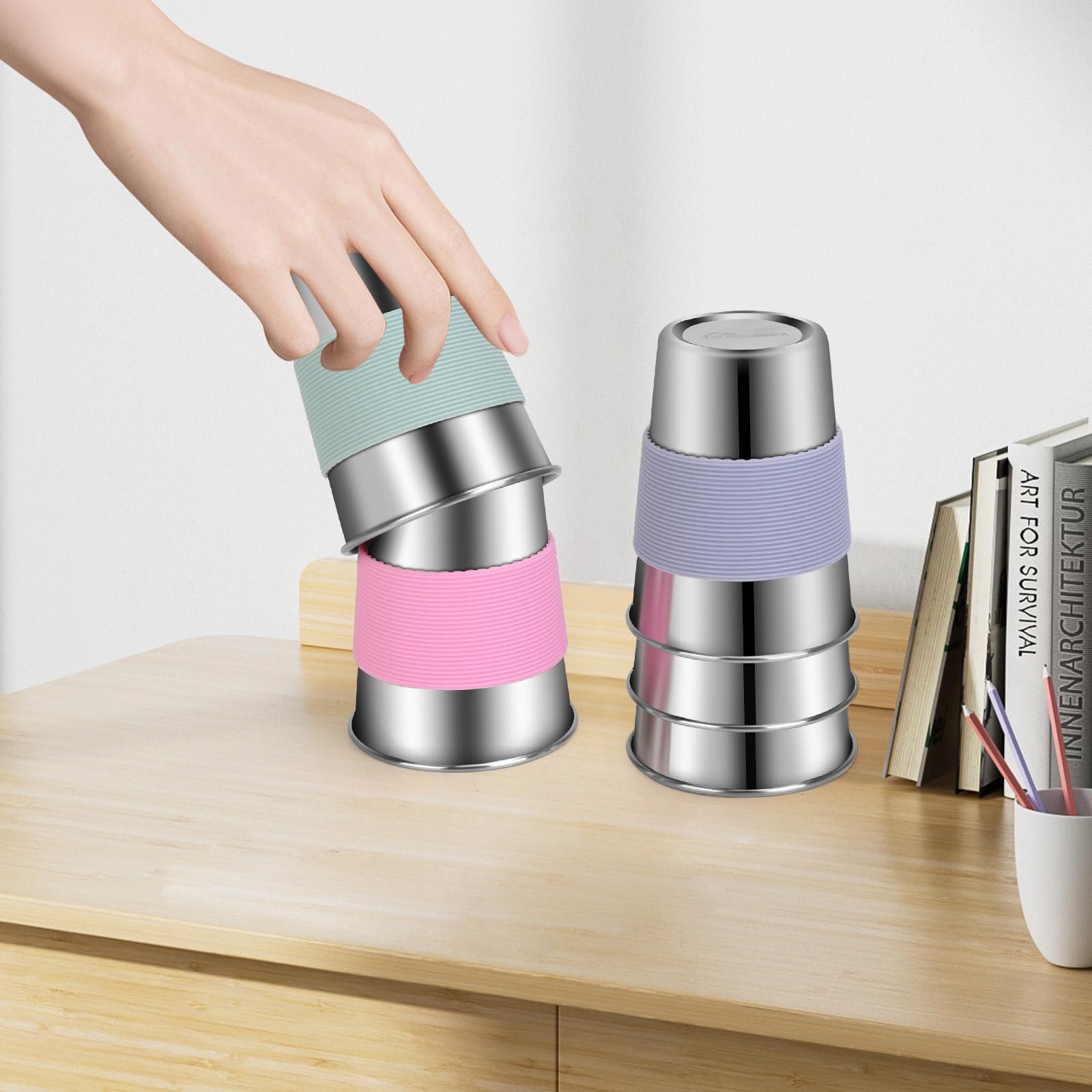 Rommeka stackable design cups stored neatly in a cabinet