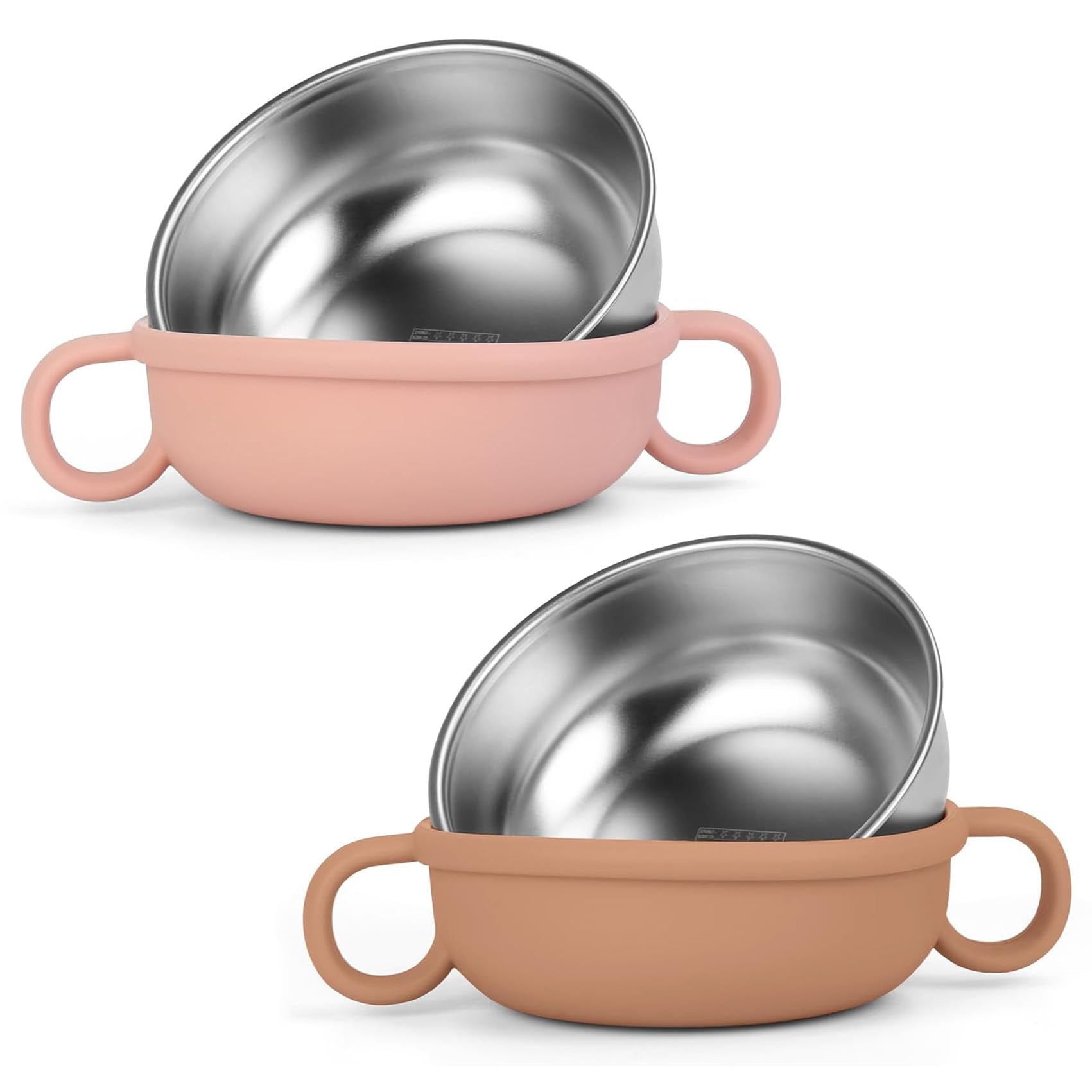Rommeka stainless steel kids bowl with outer silicone shell for quiet, durable meals.