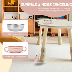 Rommeka toddler bowl with removable silicone sleeve for soft touch and secure grip.