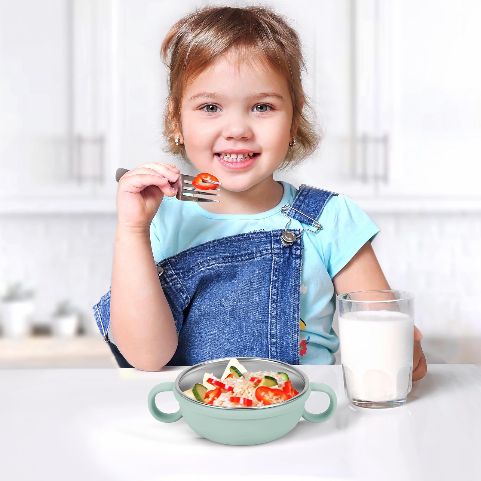 Rommeka toddler bowl easy grip design keeps meals neat.