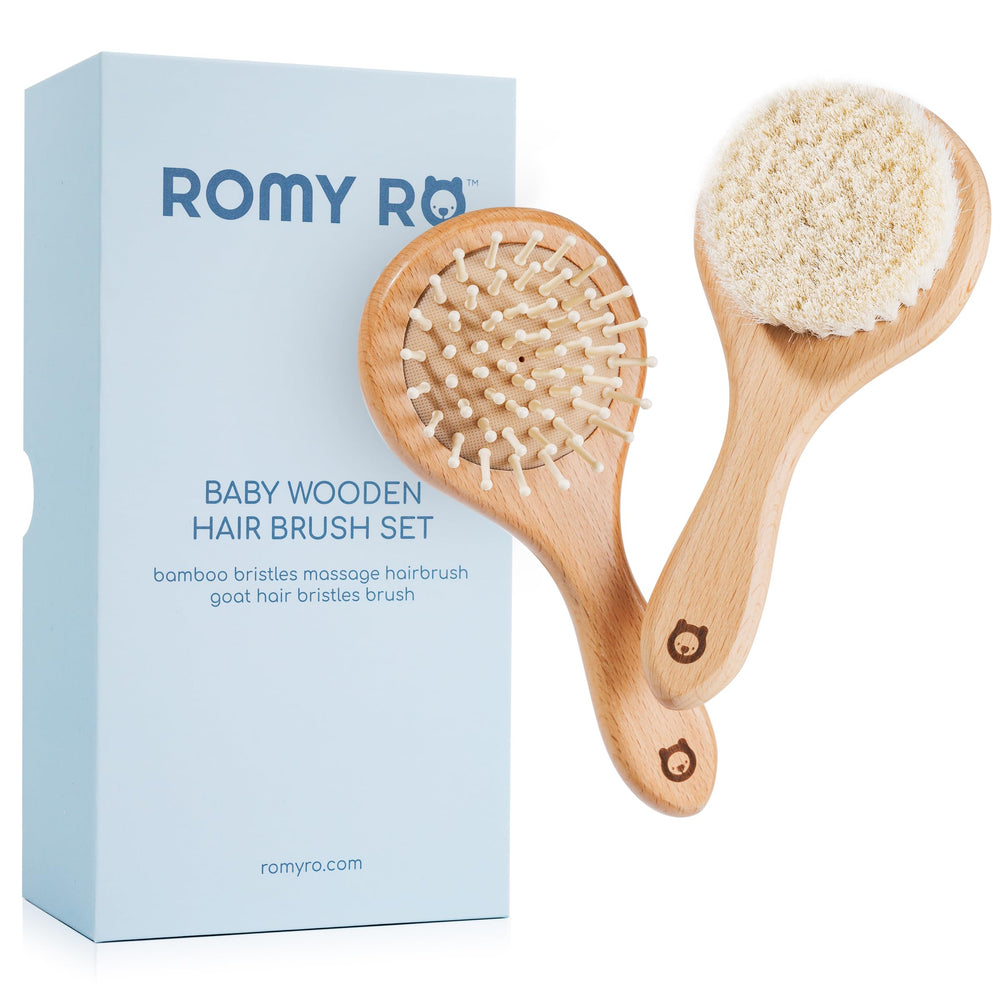 ROMY RO baby wooden hair brush set for gentle newborn grooming with natural materials.