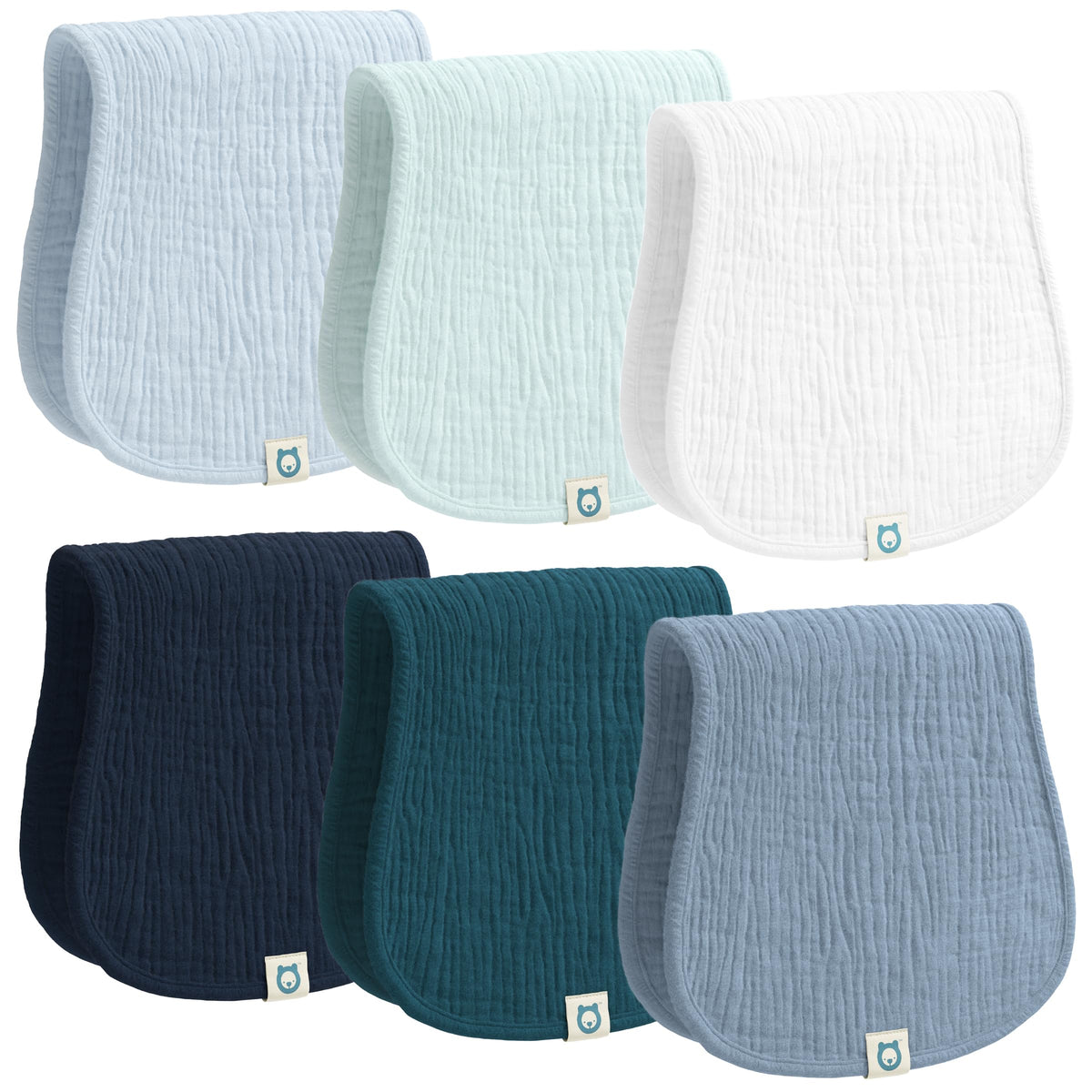 ROMY RO muslin burp cloths laid out in blue multi colors, soft and absorbent.