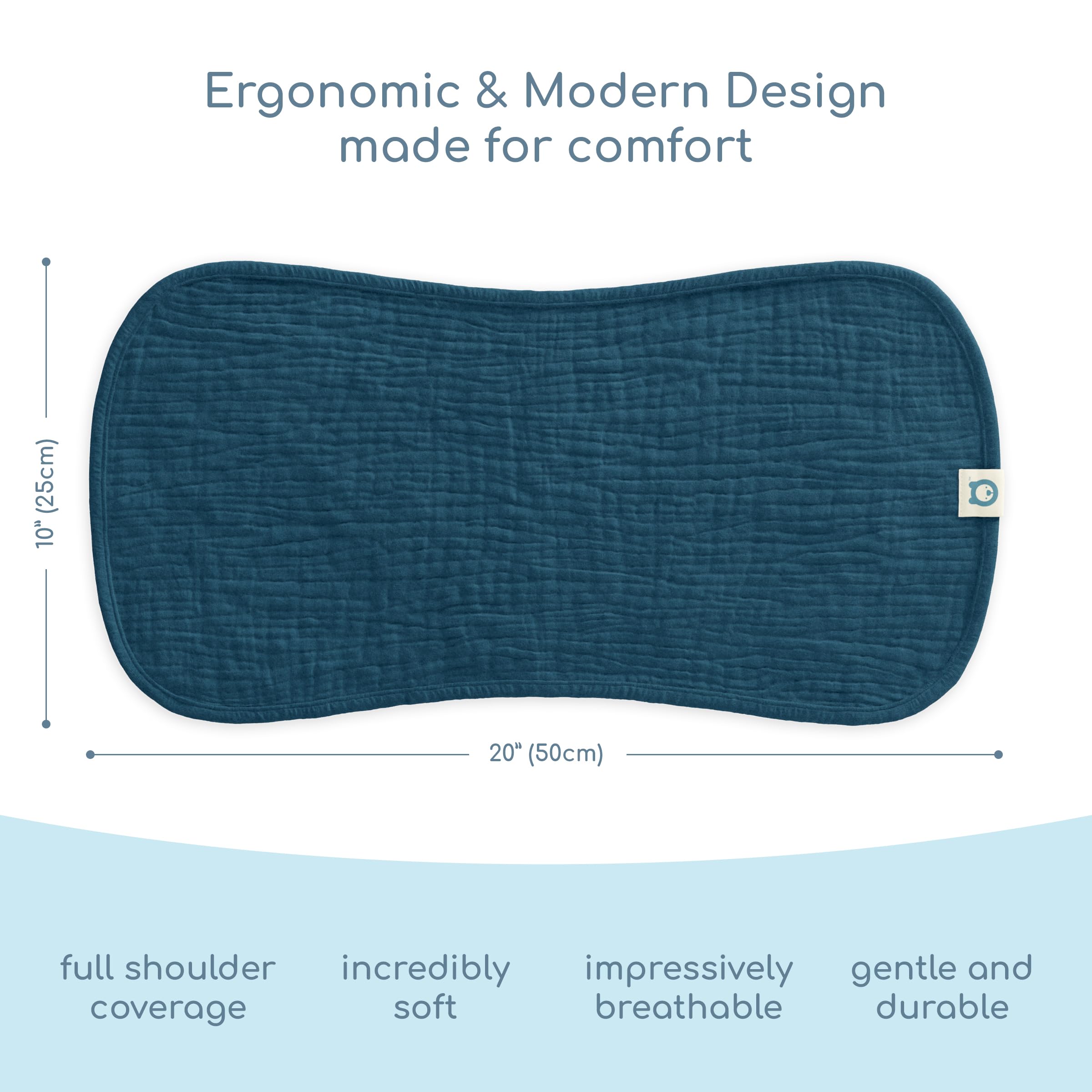 ROMY RO muslin burp cloth close-up shows breathable layers and waterproof inner layer.