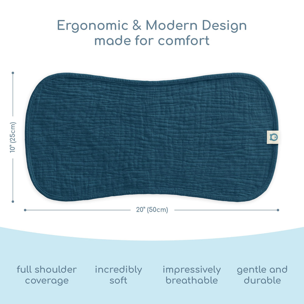 ROMY RO muslin burp cloth close-up shows breathable layers and waterproof inner layer.