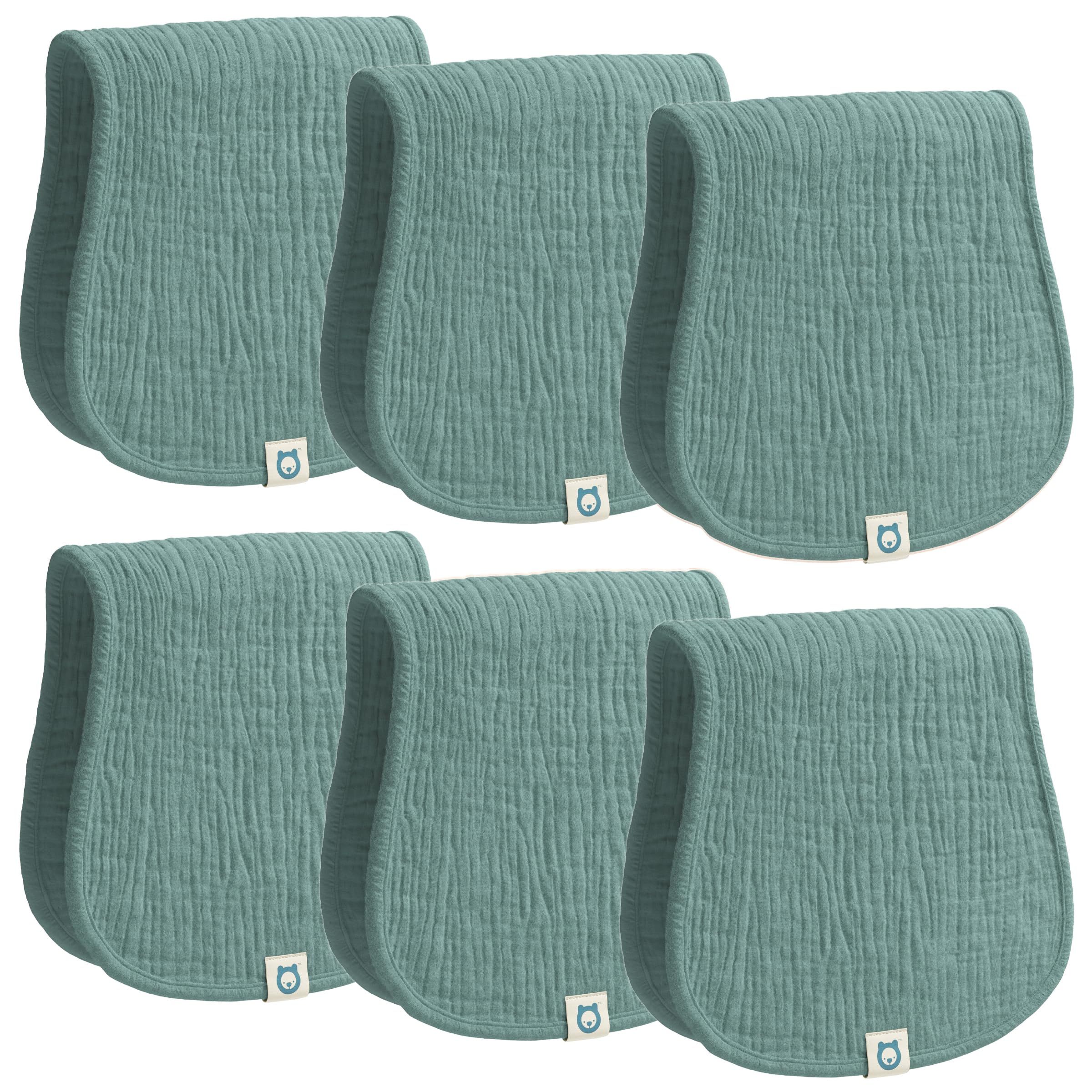 ROMY RO muslin burp cloths teal set, soft absorbent fabric for quick mess cleanup.