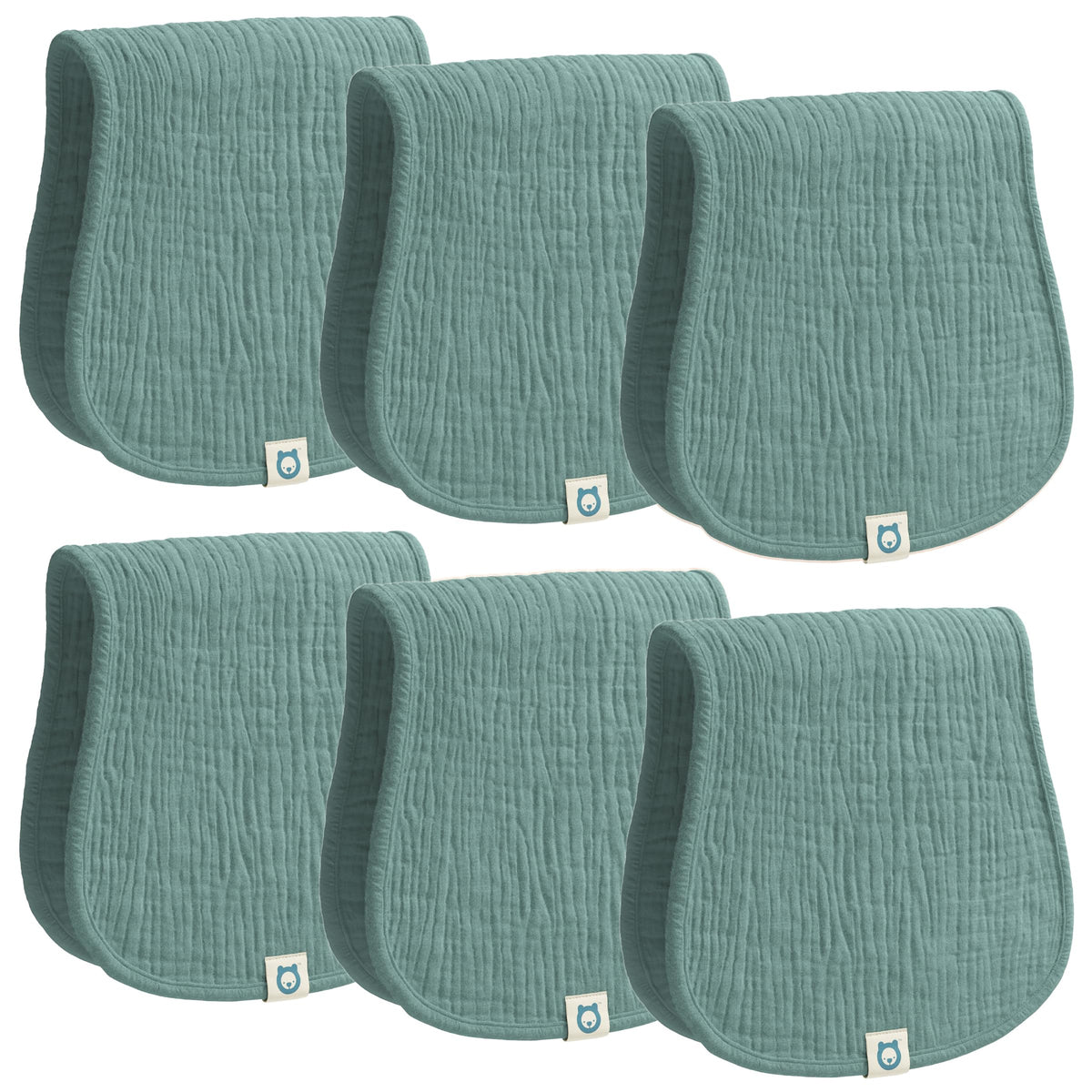 ROMY RO muslin burp cloths teal set, soft absorbent fabric for quick mess cleanup.