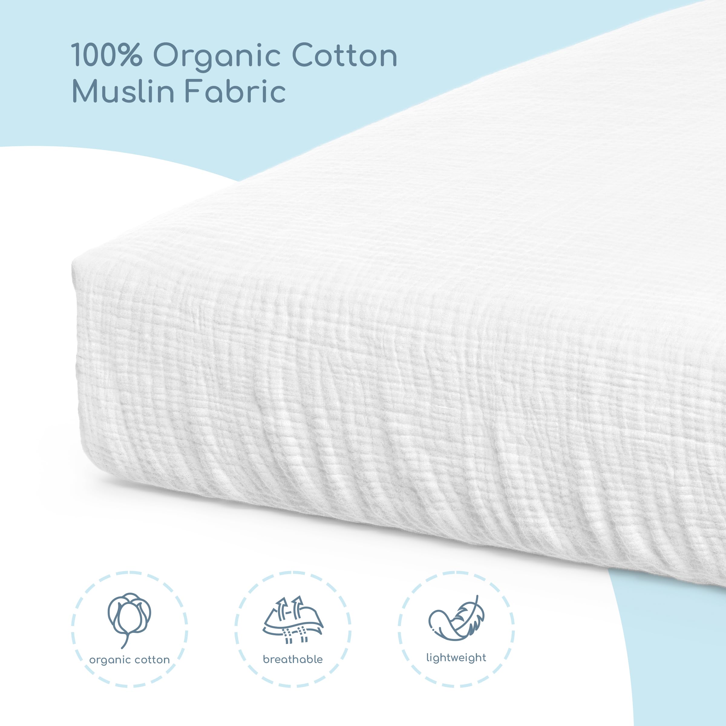 ROMY RO muslin crib sheet dual-layer construction highlights lasting quality for growing babies.