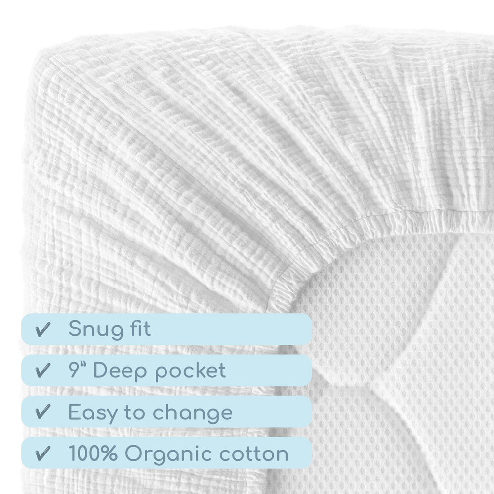 ROMY RO muslin crib sheet gift-ready packaging suggests a thoughtful baby shower present.