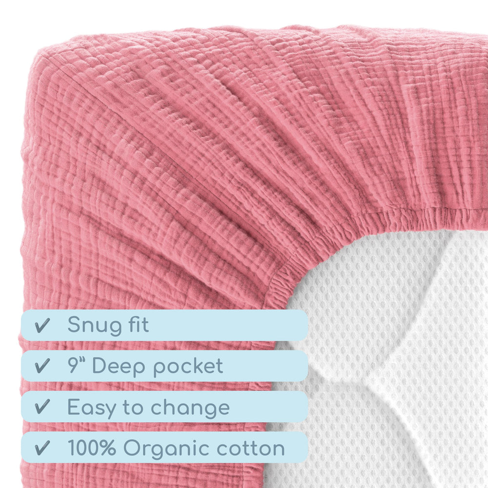 ROMY RO muslin crib sheet is machine-washable, preserving softness and color.