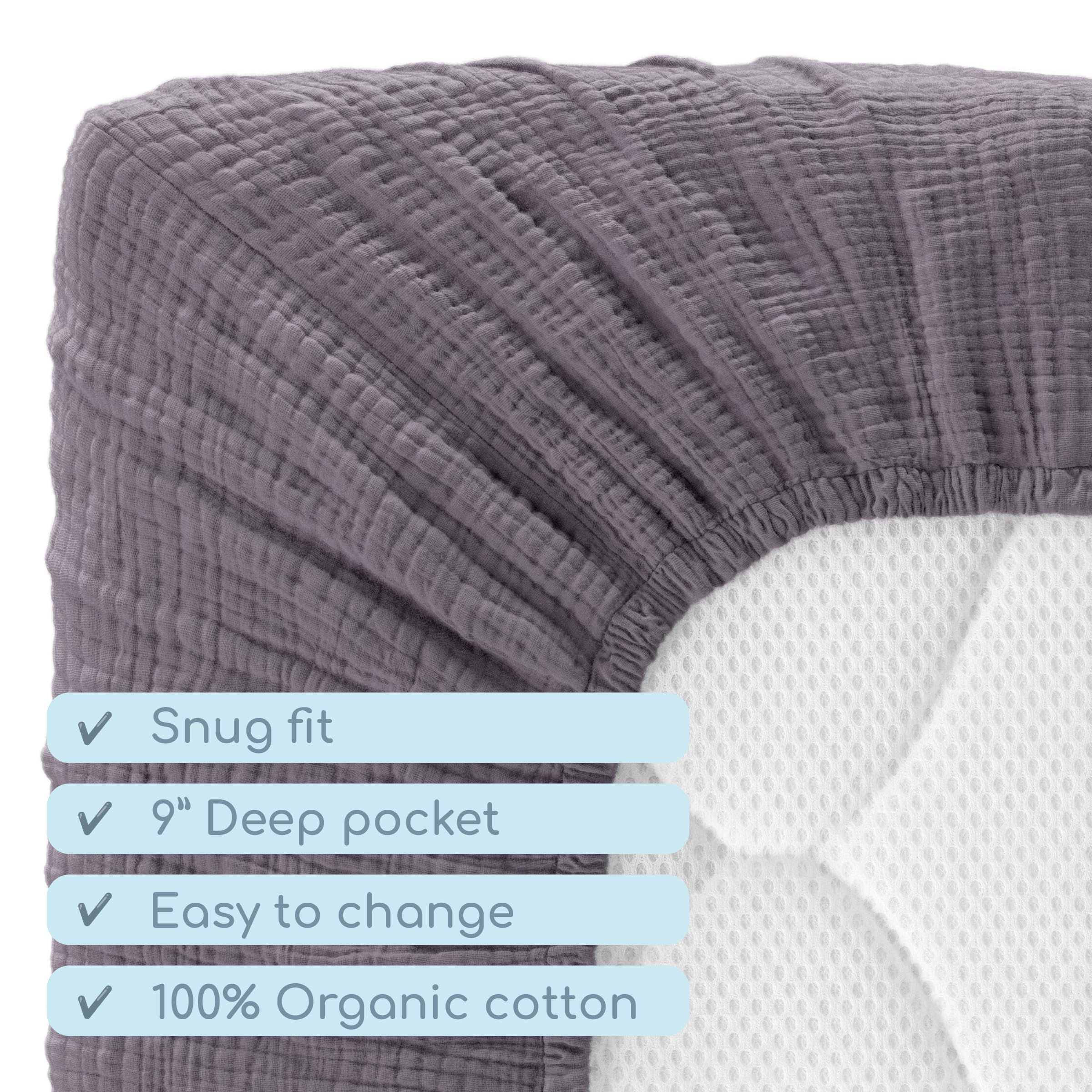 ROMY RO muslin crib sheet – snug fit on standard 28x52.