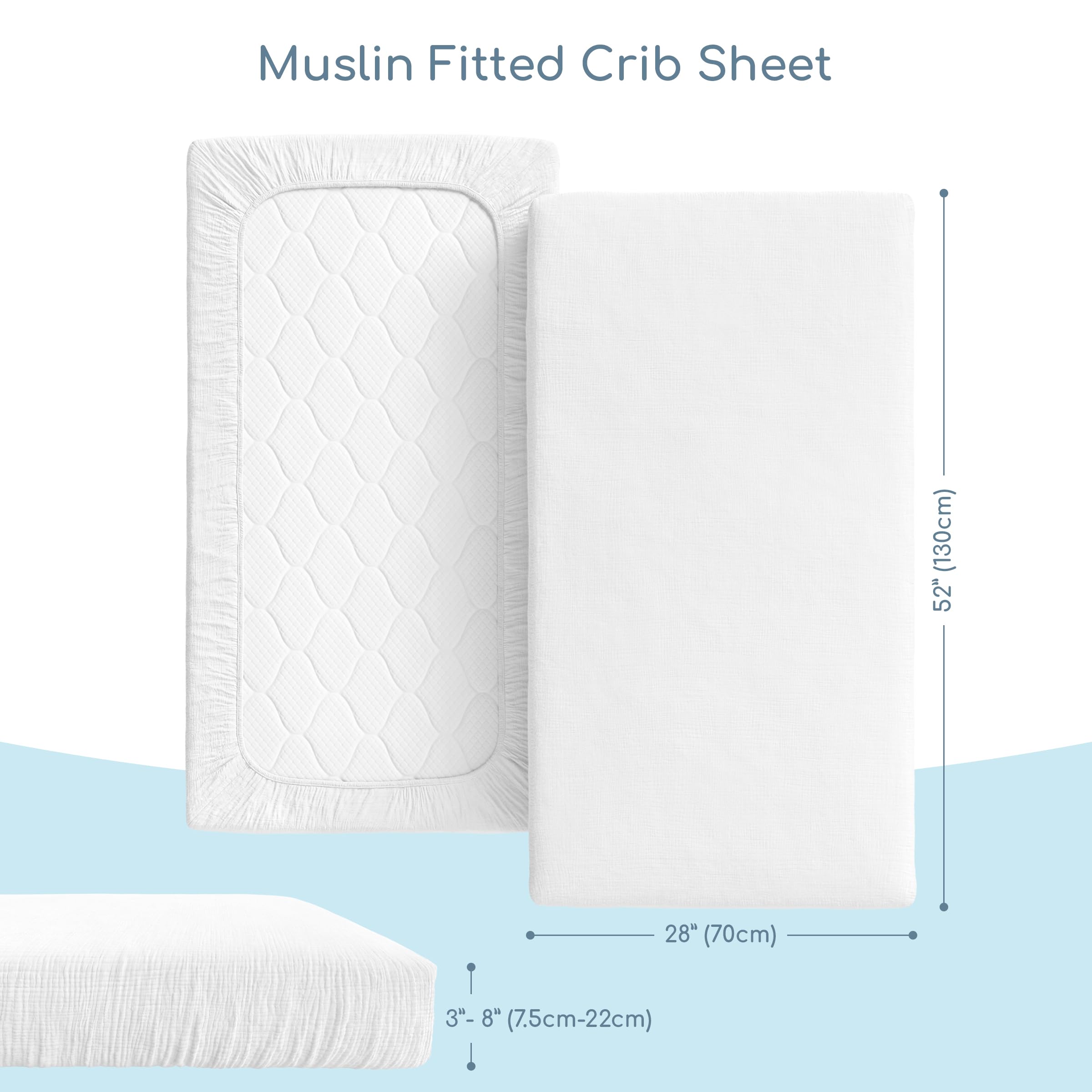 ROMY RO muslin crib sheet in white adds clean neutral tone to nursery decor.