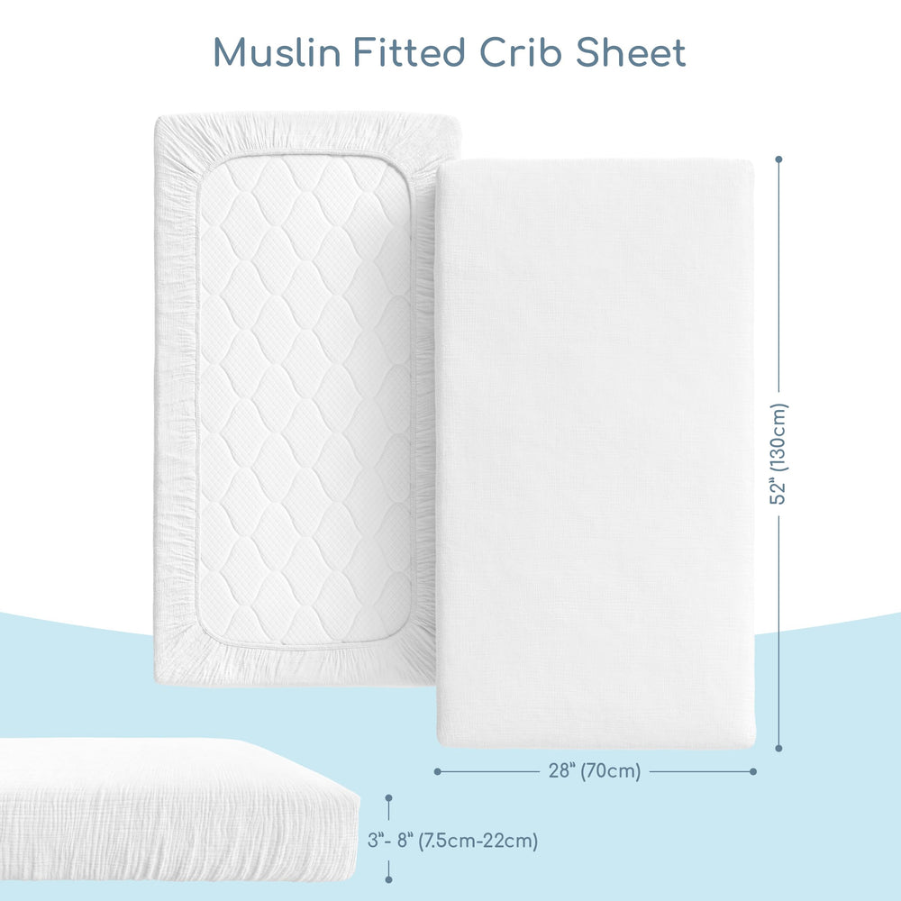 ROMY RO muslin crib sheet in white adds clean neutral tone to nursery decor.